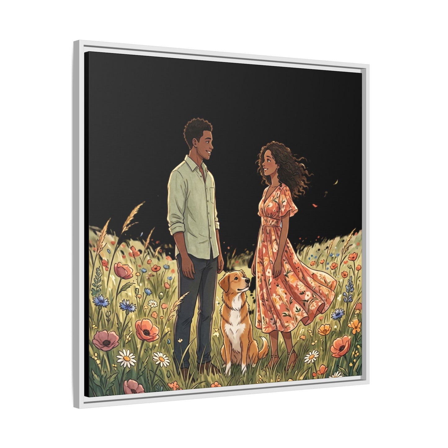 Framed Matte Canvas Print — Romantic Couple in Wildflower Field (Multi‑Color)