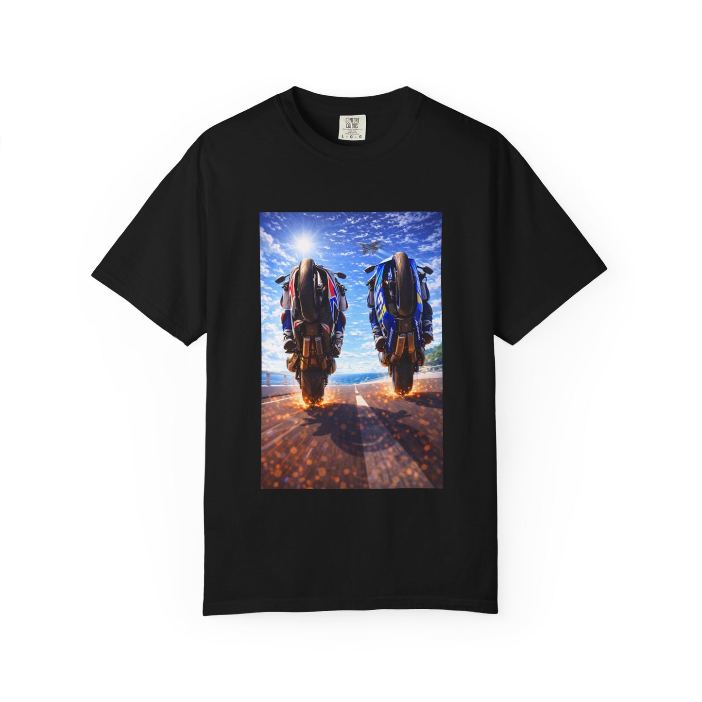 Motorcycle Sunset T-Shirt — Two Bikes Riding Into the Horizon