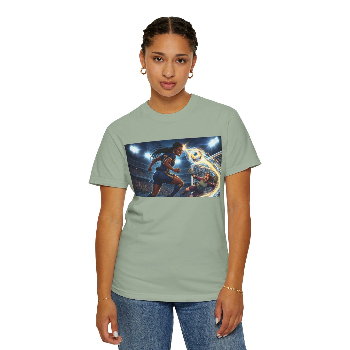 Soccer Duel Graphic T-Shirt — Futuristic Goalkeeper vs Striker Stadium Print