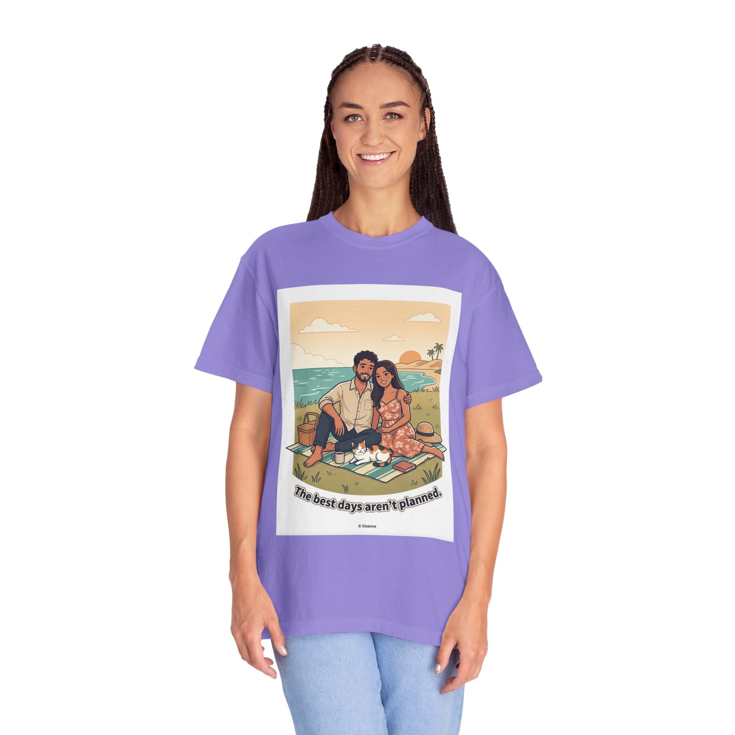 Beach Picnic Couple T‑Shirt — “The best days aren’t planned.” Relaxed Vacation Tee