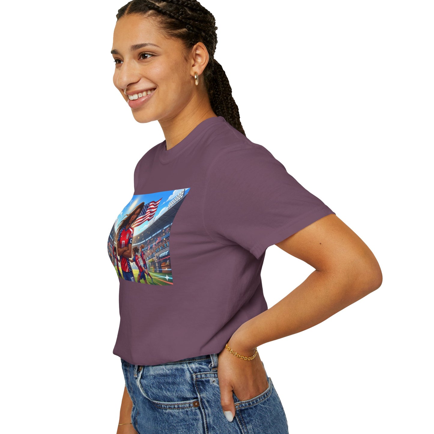 Soccer Mom USA T-Shirt — Female Soccer Player with American Flag Stadium Graphic