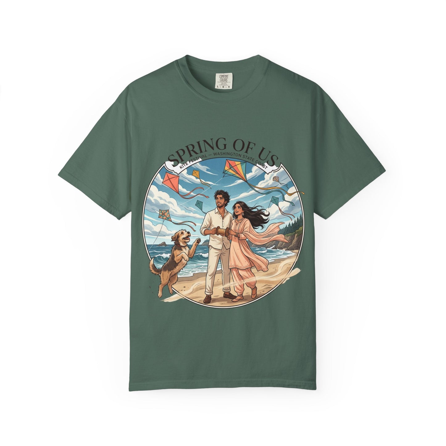 Spring of Us T-Shirt — Romantic Beach Couple Illustration with Dog