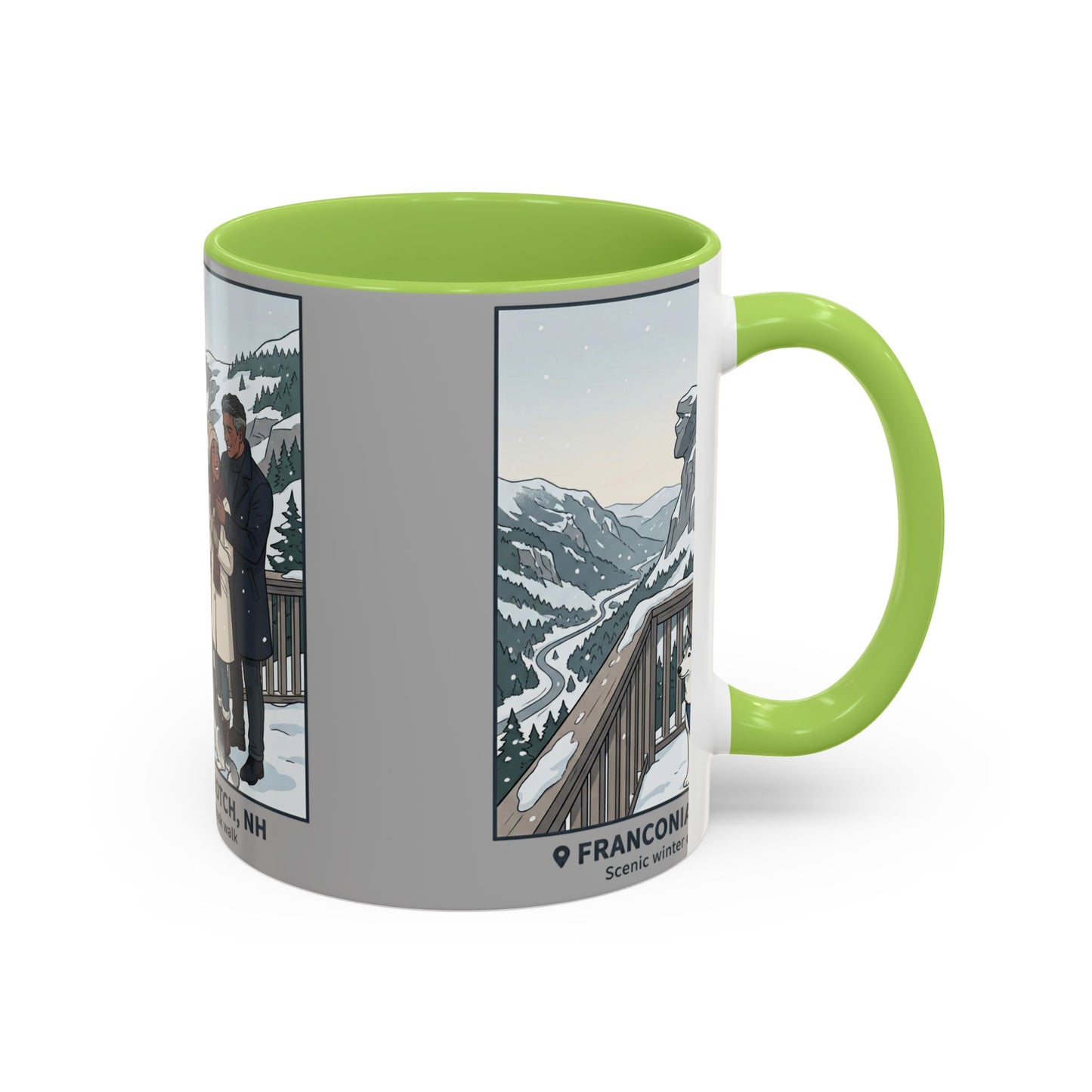 Franconia Notch Scenic Winter Mug — Couples & Dog Snowy Overlook Coffee Cup (11/15oz)