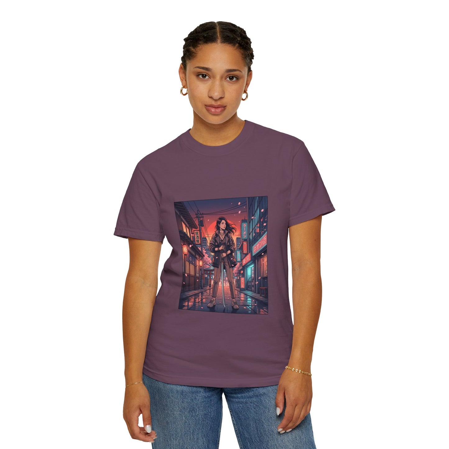 Cyberpunk Night Streets T‑Shirt — Neon Samurai Girl Graphic Tee