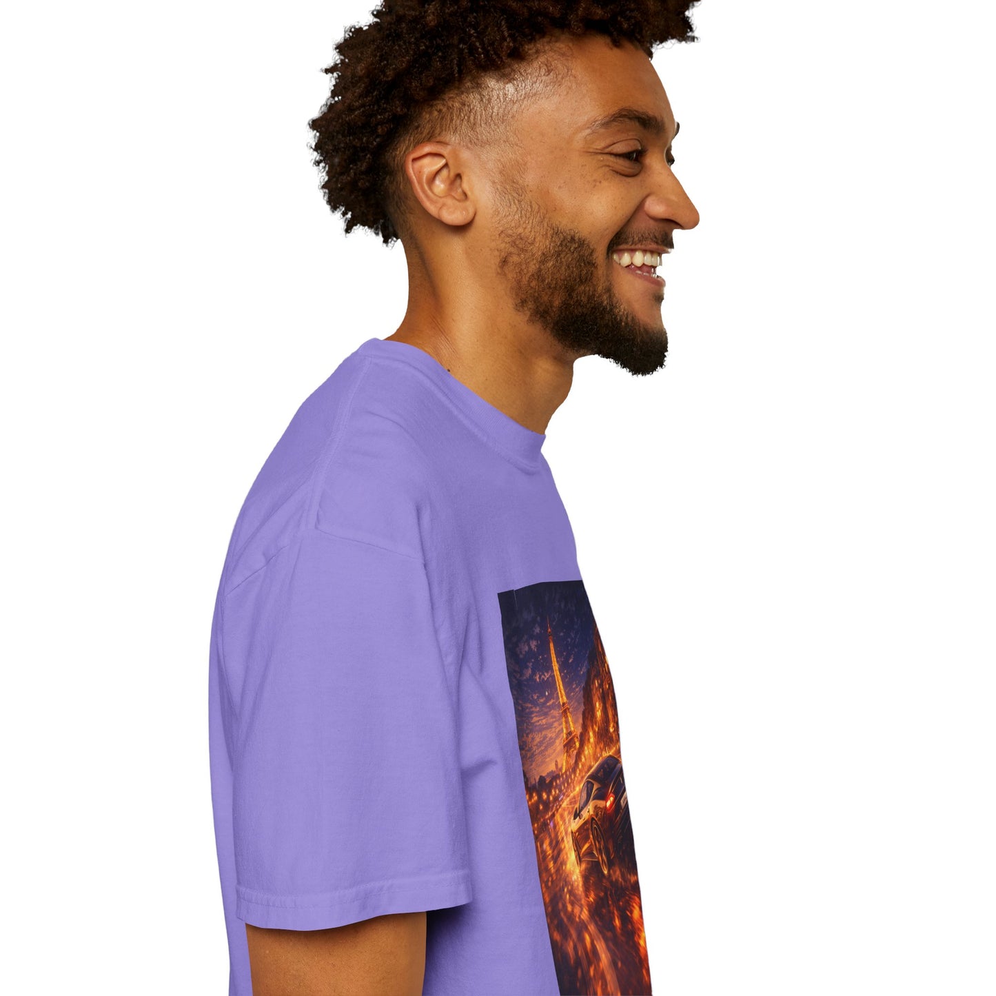Paris Night Drive T-Shirt — Sports Car in Rainy Cityscape