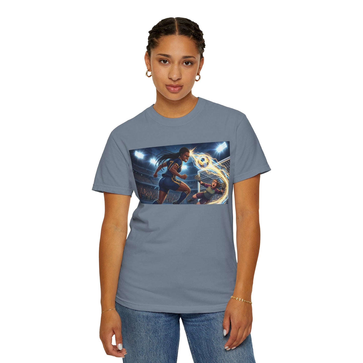 Soccer Duel Graphic T-Shirt — Futuristic Goalkeeper vs Striker Stadium Print