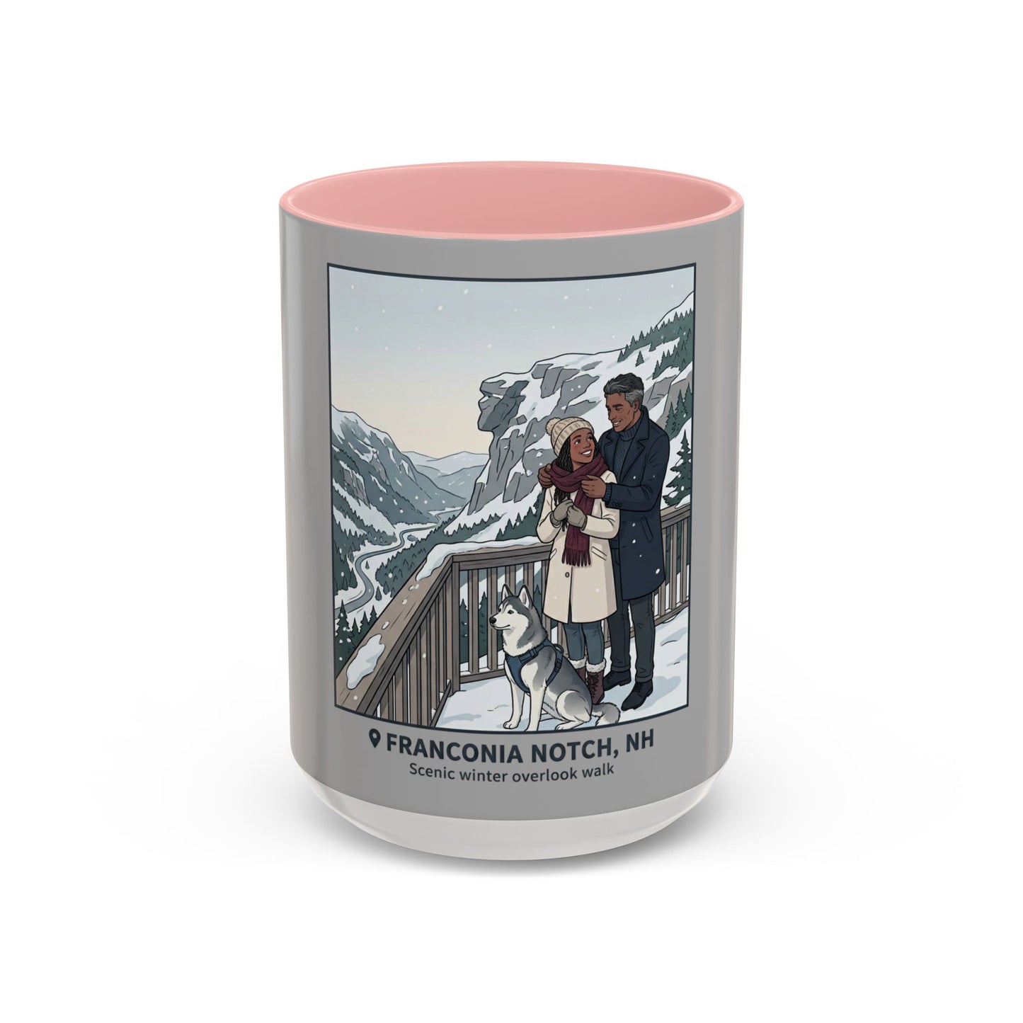 Franconia Notch Scenic Winter Mug — Couples & Dog Snowy Overlook Coffee Cup (11/15oz)