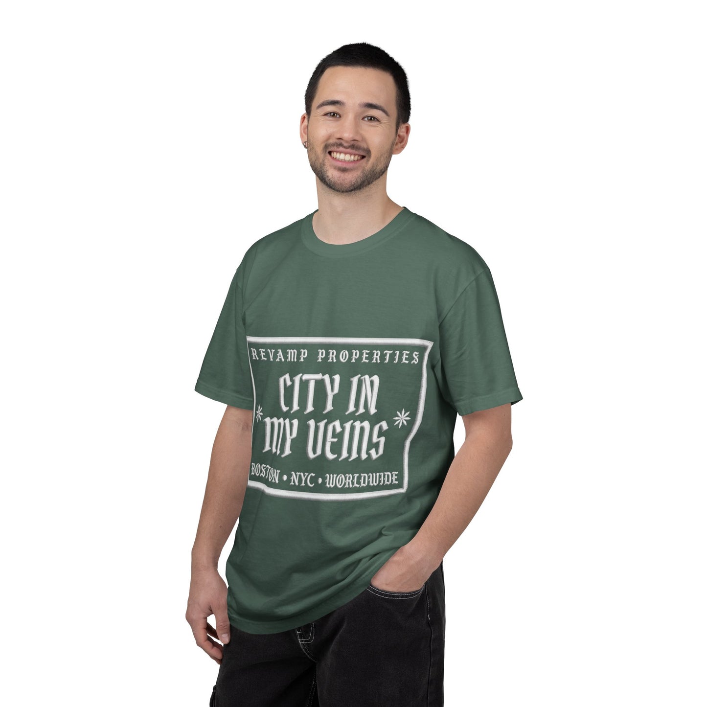 City In My Veins T‑Shirt — Vintage Cityscape Tee (Boston • NYC • Manchester)