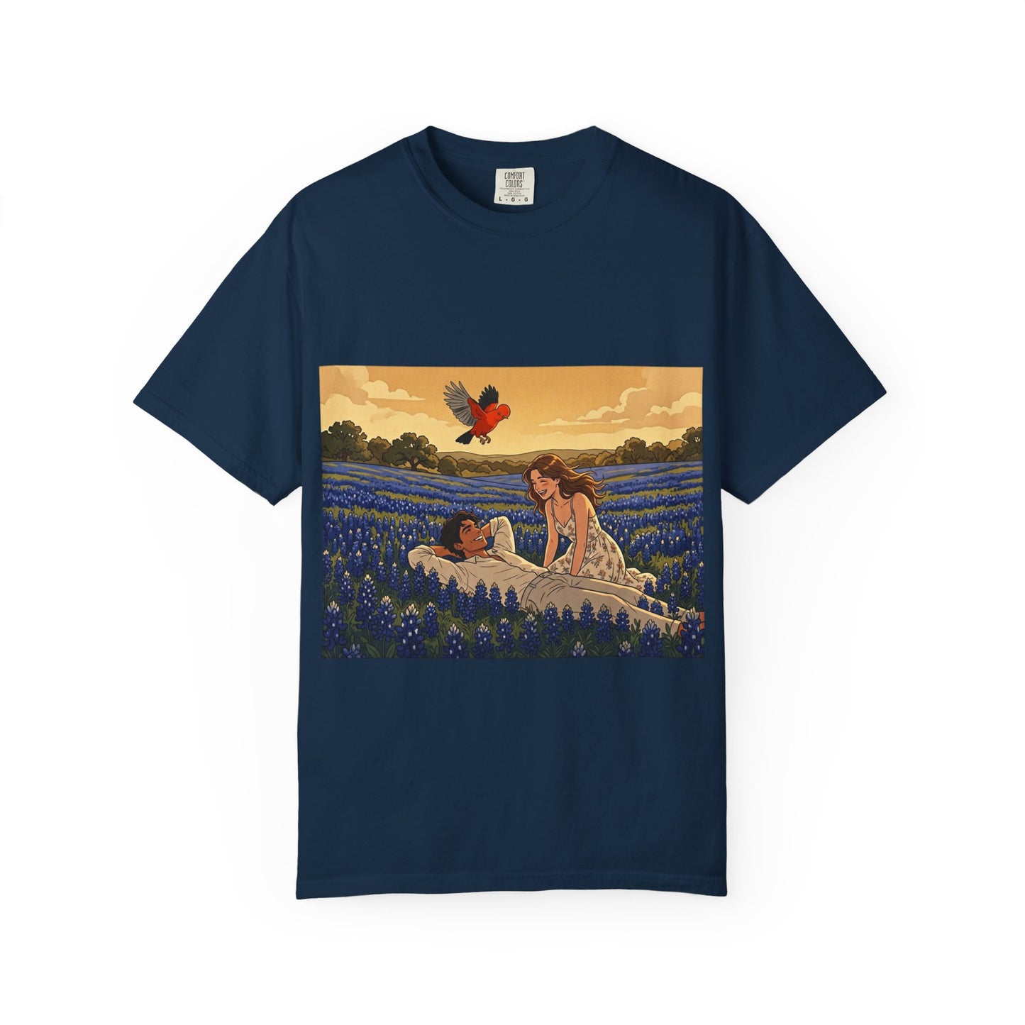 Romantic Bluebonnet Field T-Shirt — Couple in Wildflower Meadow Art Tee