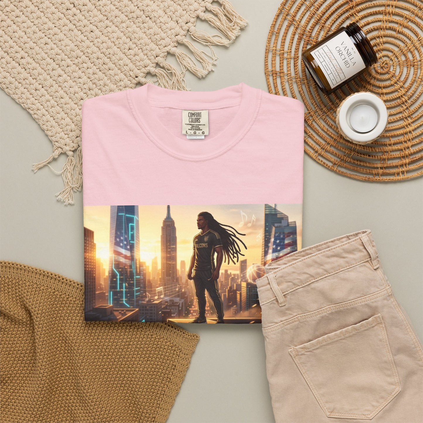 Cyberpunk Cityscape T-Shirt — Silhouette Hero at Sunset
