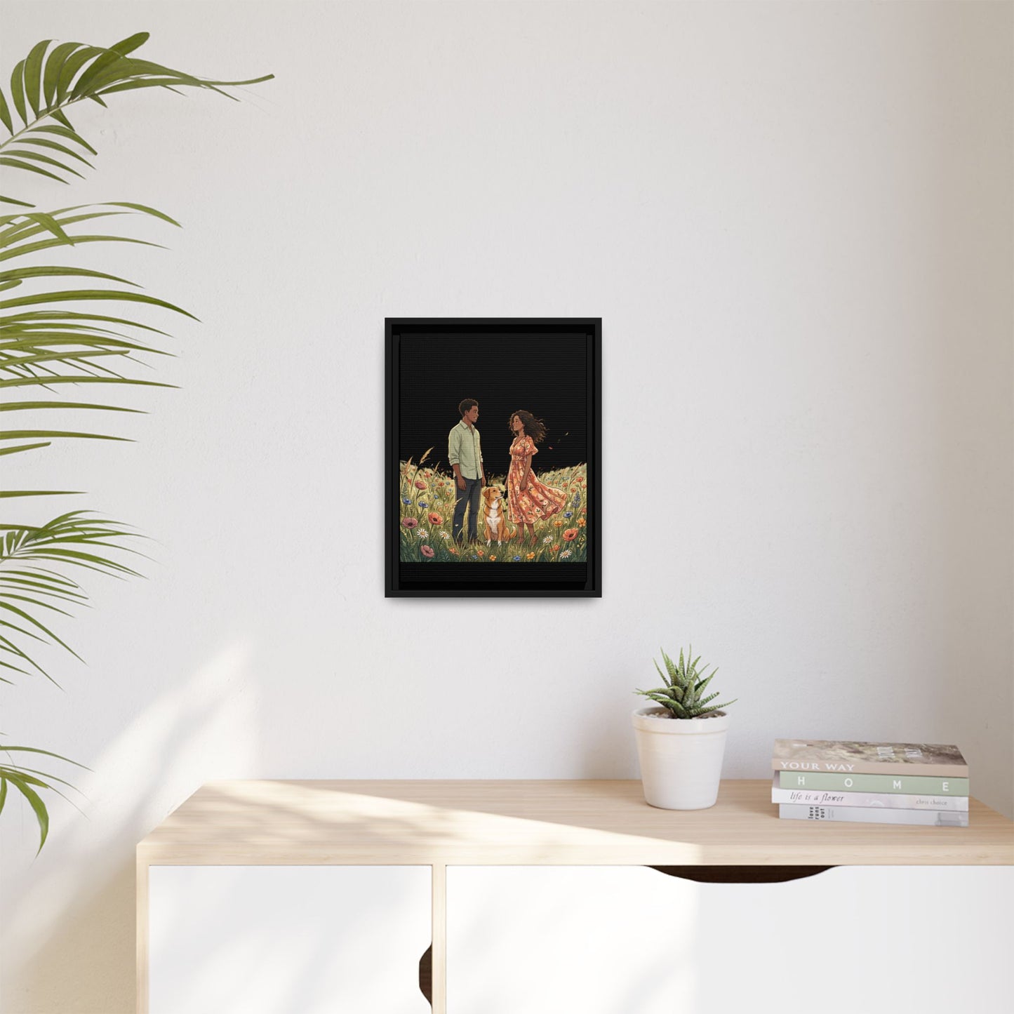 Framed Matte Canvas Print — Romantic Couple in Wildflower Field (Multi‑Color)