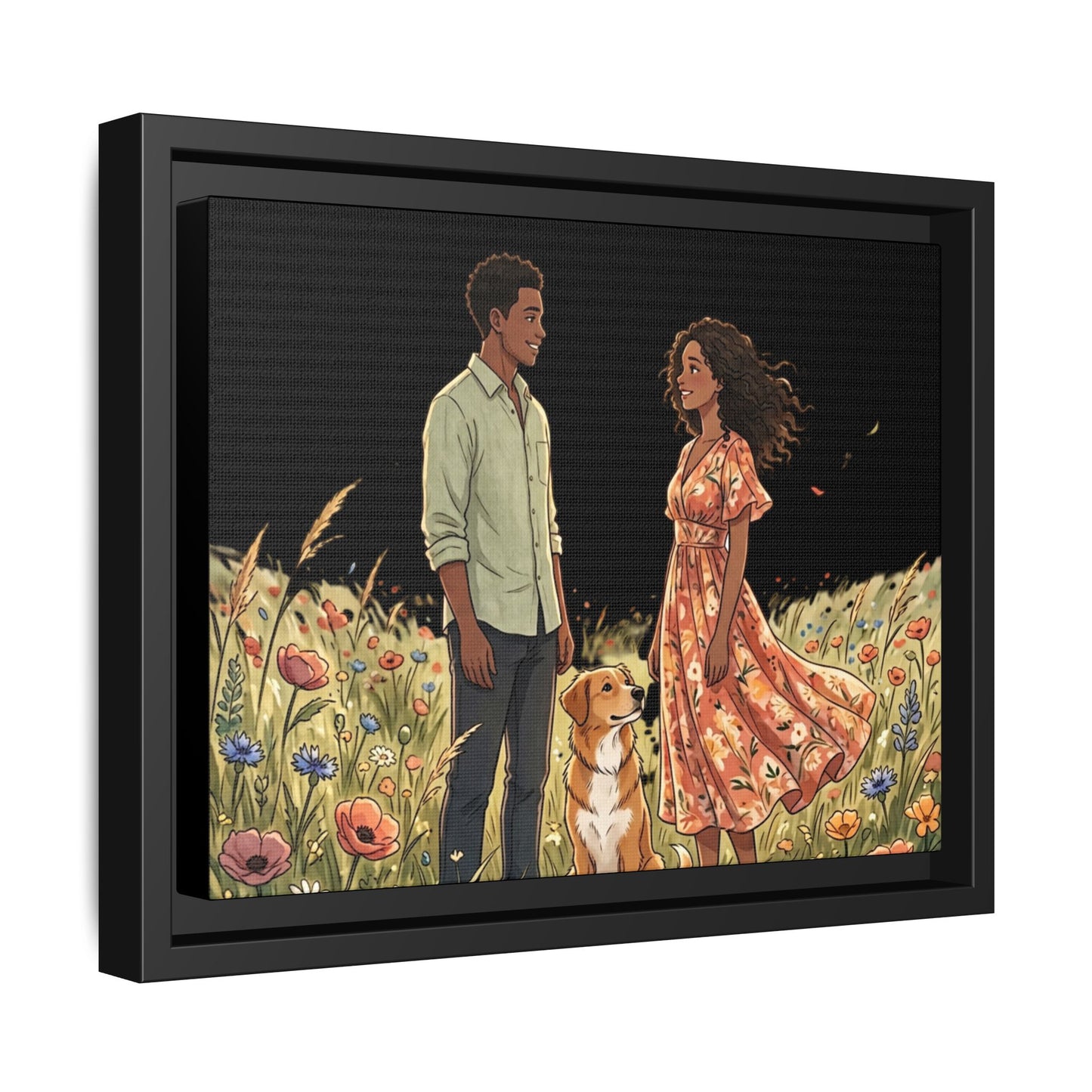 Framed Matte Canvas Print — Romantic Couple in Wildflower Field (Multi‑Color)