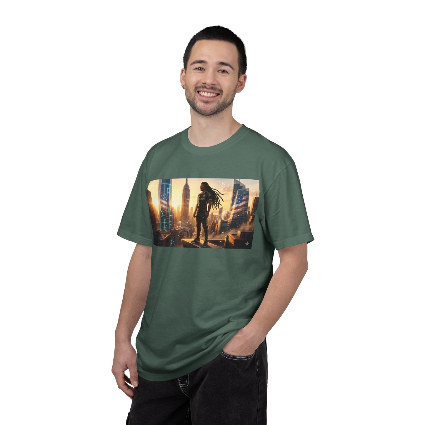 Cyberpunk Cityscape T-Shirt — Silhouette Hero at Sunset