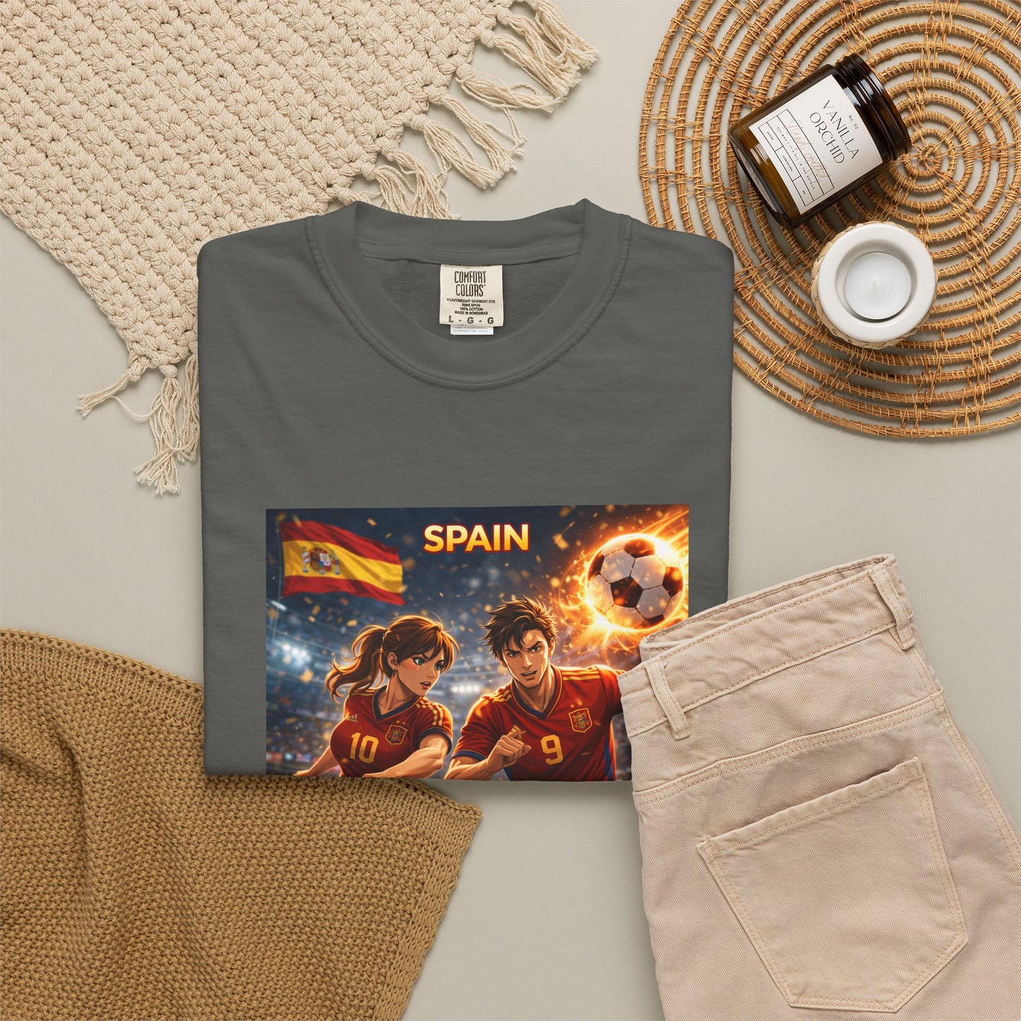 Spain Soccer Graphic T-Shirt — Retro Match Scene with Flag