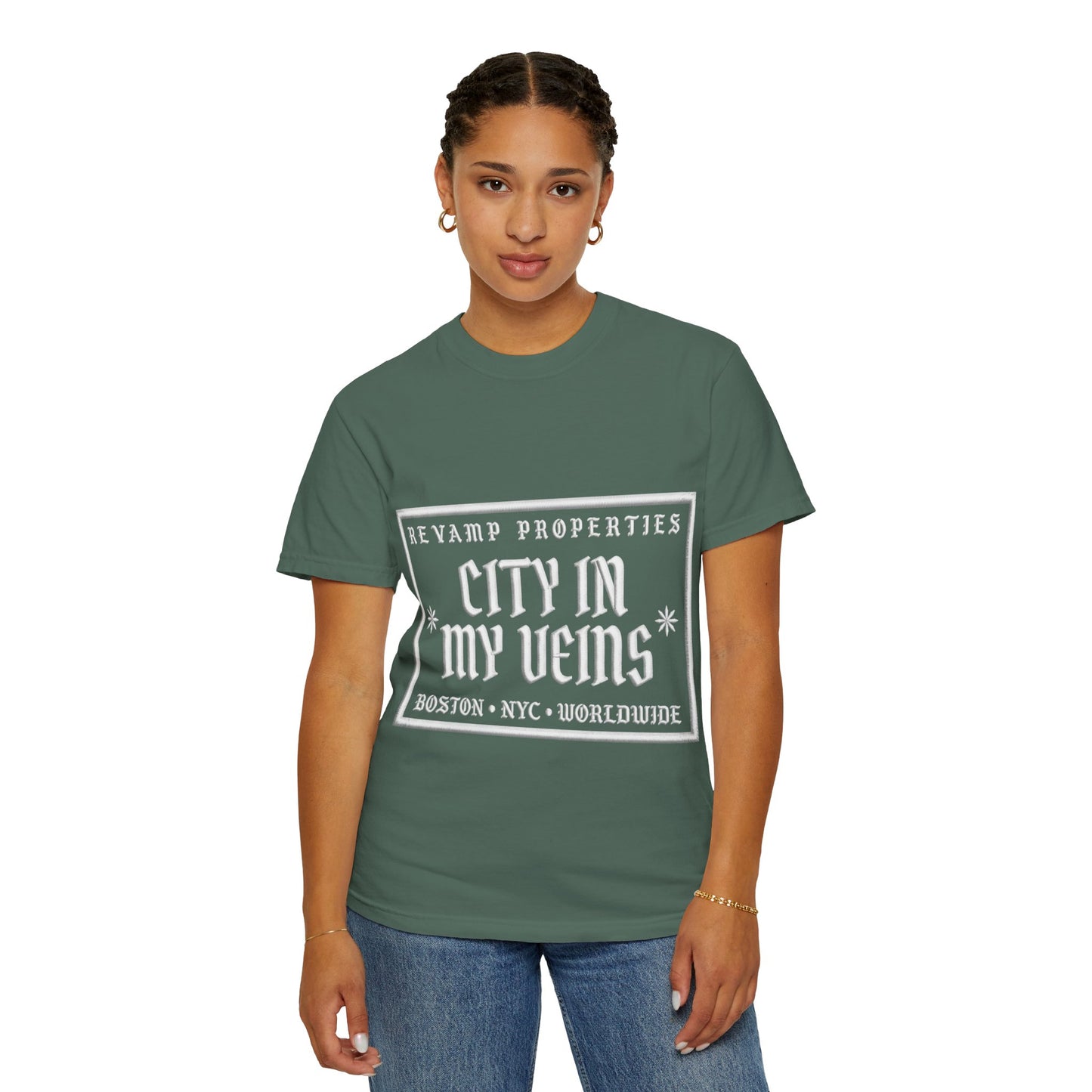 City In My Veins T‑Shirt — Vintage Cityscape Tee (Boston • NYC • Manchester)