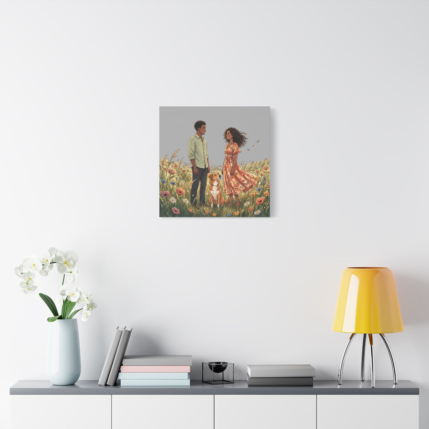 Romantic Couple in Wildflower Field Canvas Art — Black Love Wall Decor with Dog