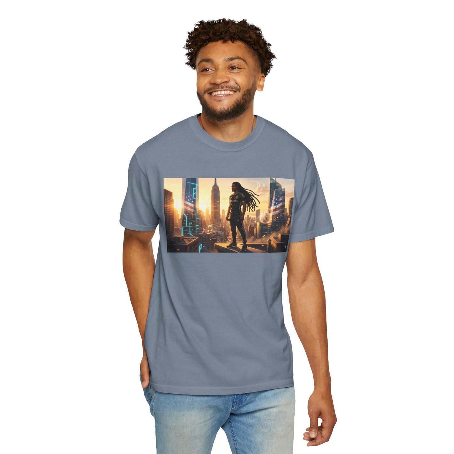 Cyberpunk Cityscape T-Shirt — Silhouette Hero at Sunset