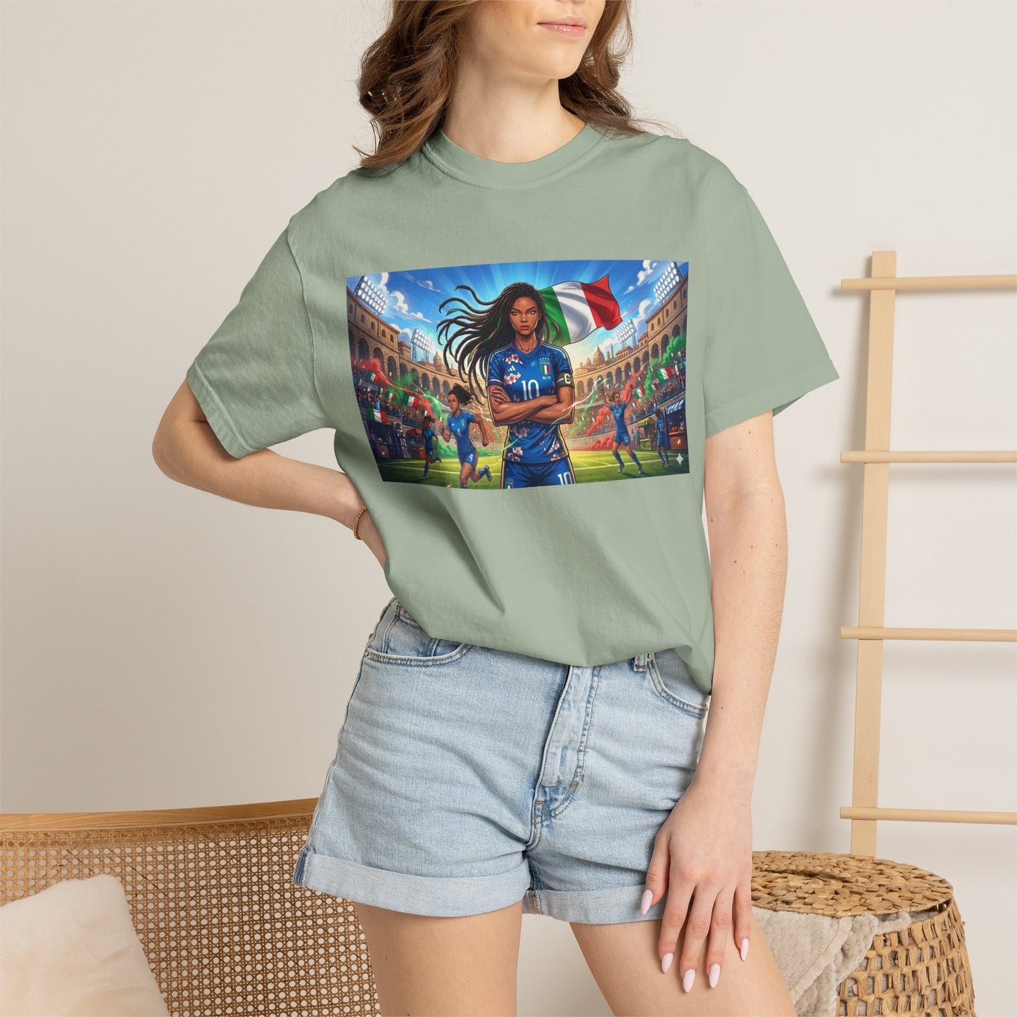 Italian Soccer Fan T‑Shirt – Inspirational Female Player with Italy Flag Stadium Print