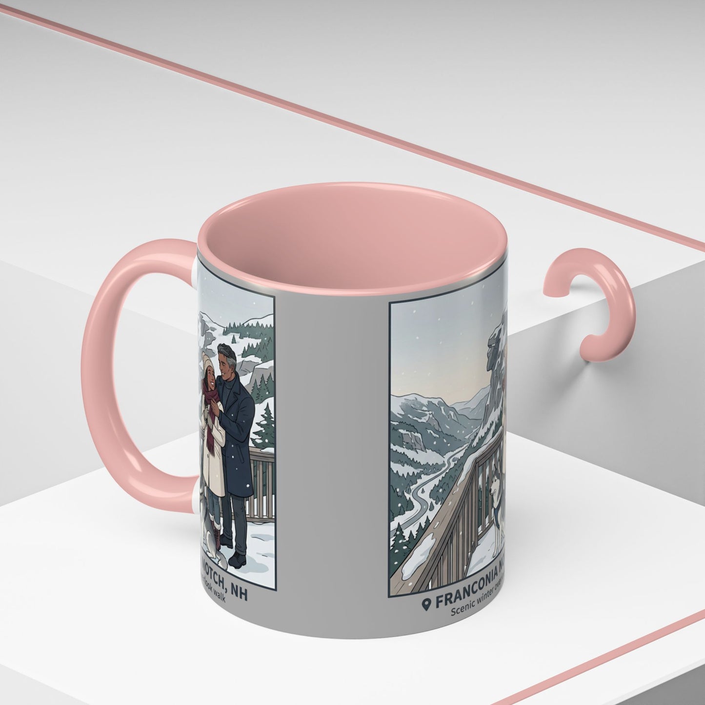 Franconia Notch Scenic Winter Mug — Couples & Dog Snowy Overlook Coffee Cup (11/15oz)