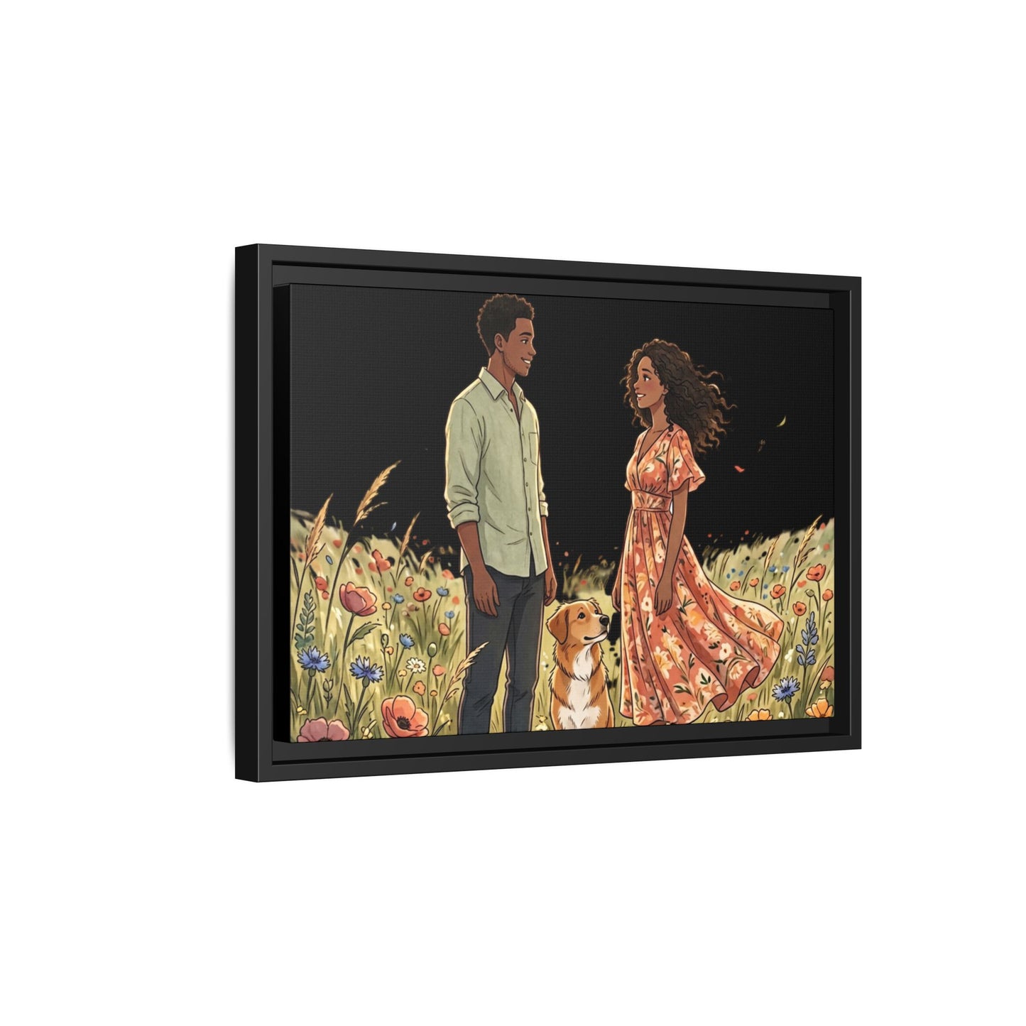 Framed Matte Canvas Print — Romantic Couple in Wildflower Field (Multi‑Color)