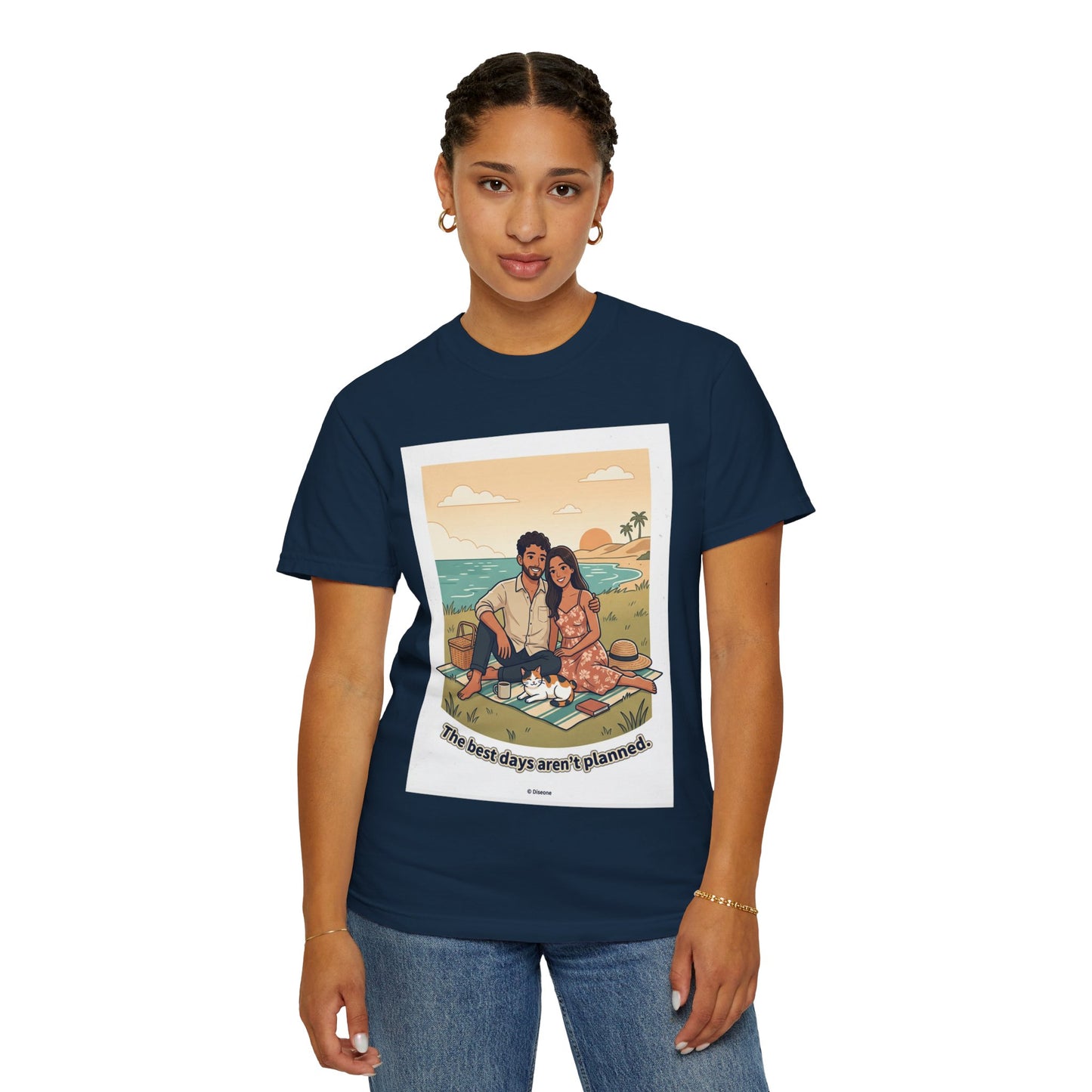 Beach Picnic Couple T‑Shirt — “The best days aren’t planned.” Relaxed Vacation Tee