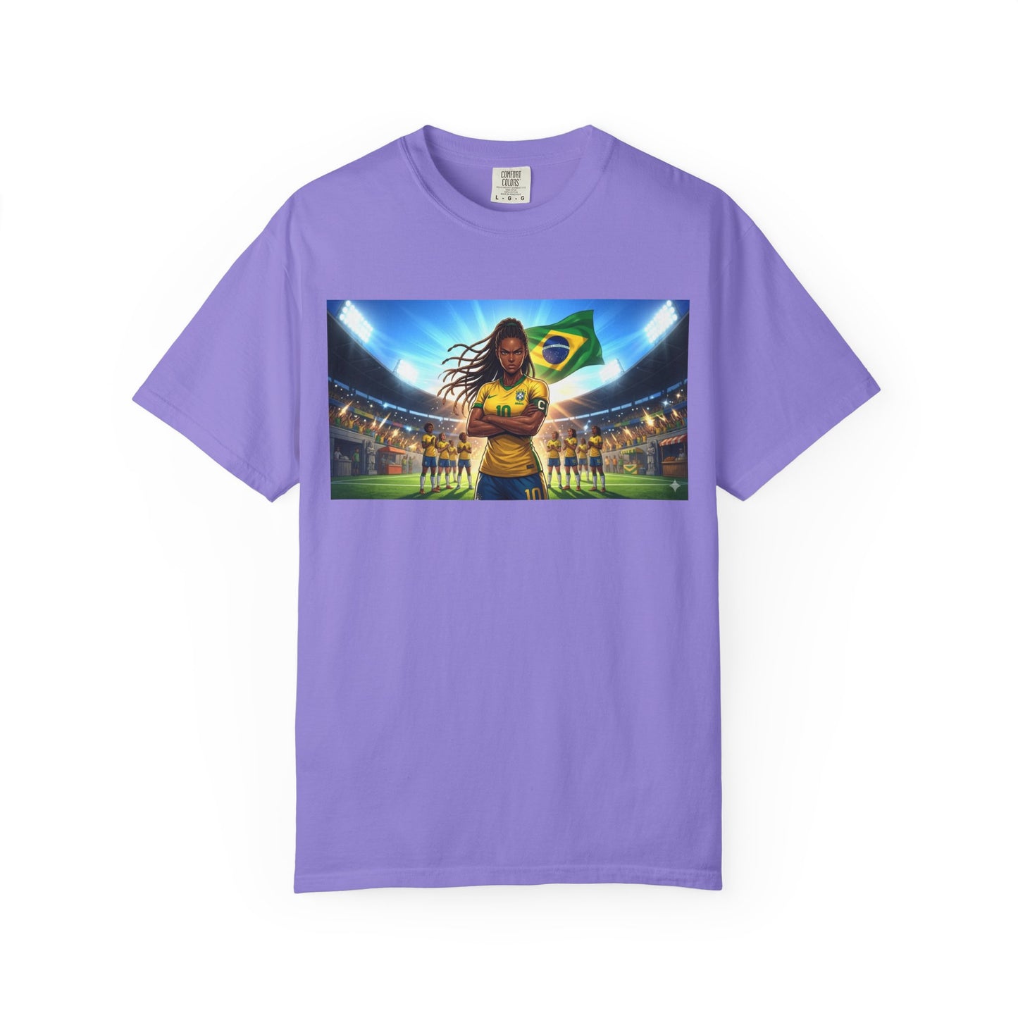 Brazil Soccer Captain T-Shirt — Player Holding Ball with Brazilian Flag Stadium Graphic