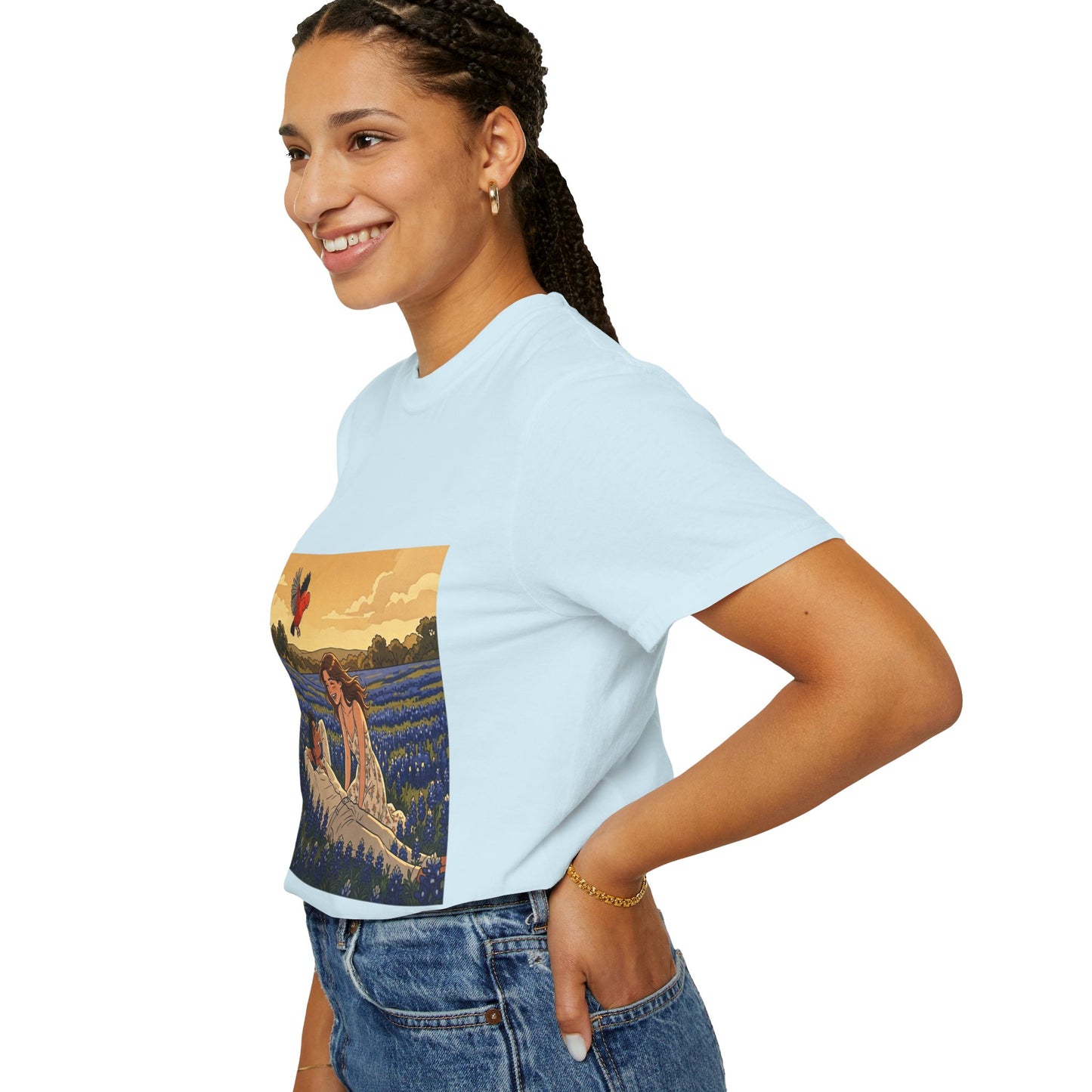 Romantic Bluebonnet Field T-Shirt — Couple in Wildflower Meadow Art Tee