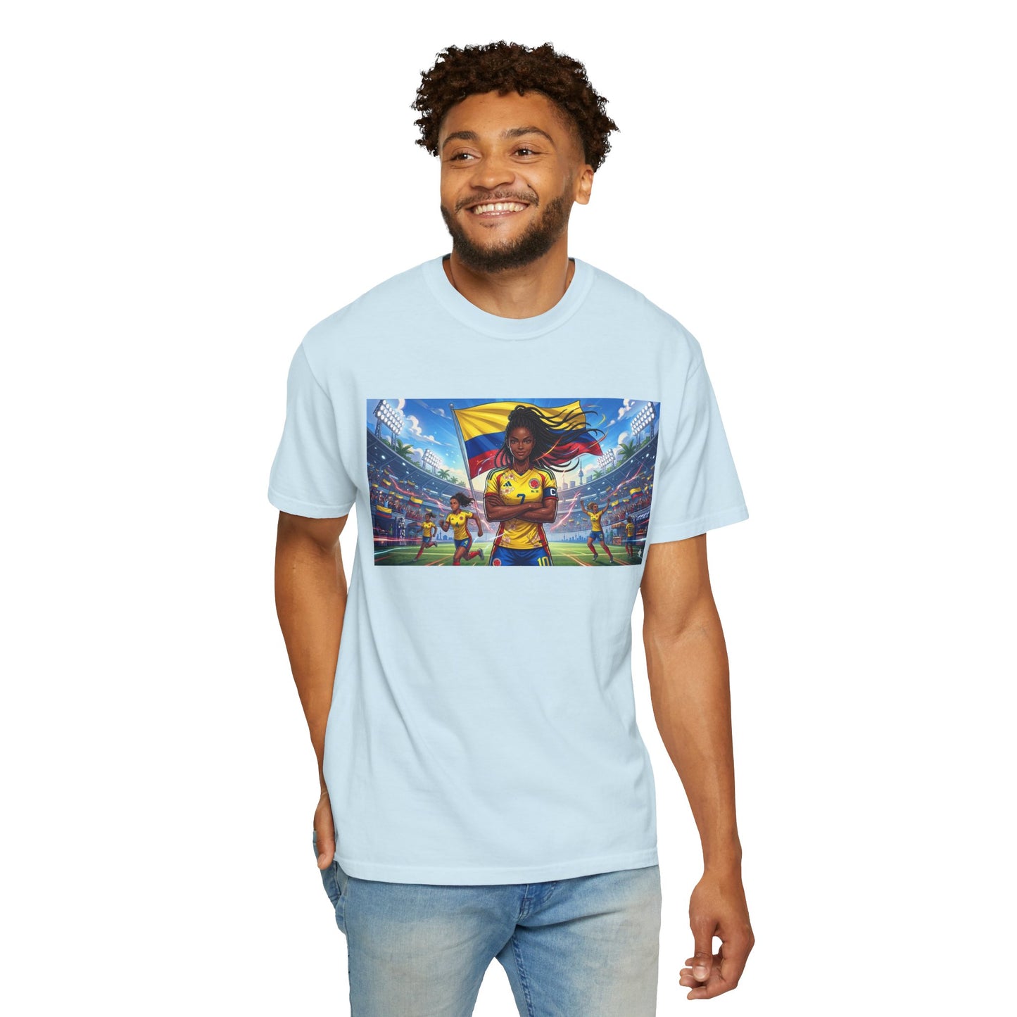Soccer Champion Graphic T-Shirt — Woman Goalkeeper Stadium Art