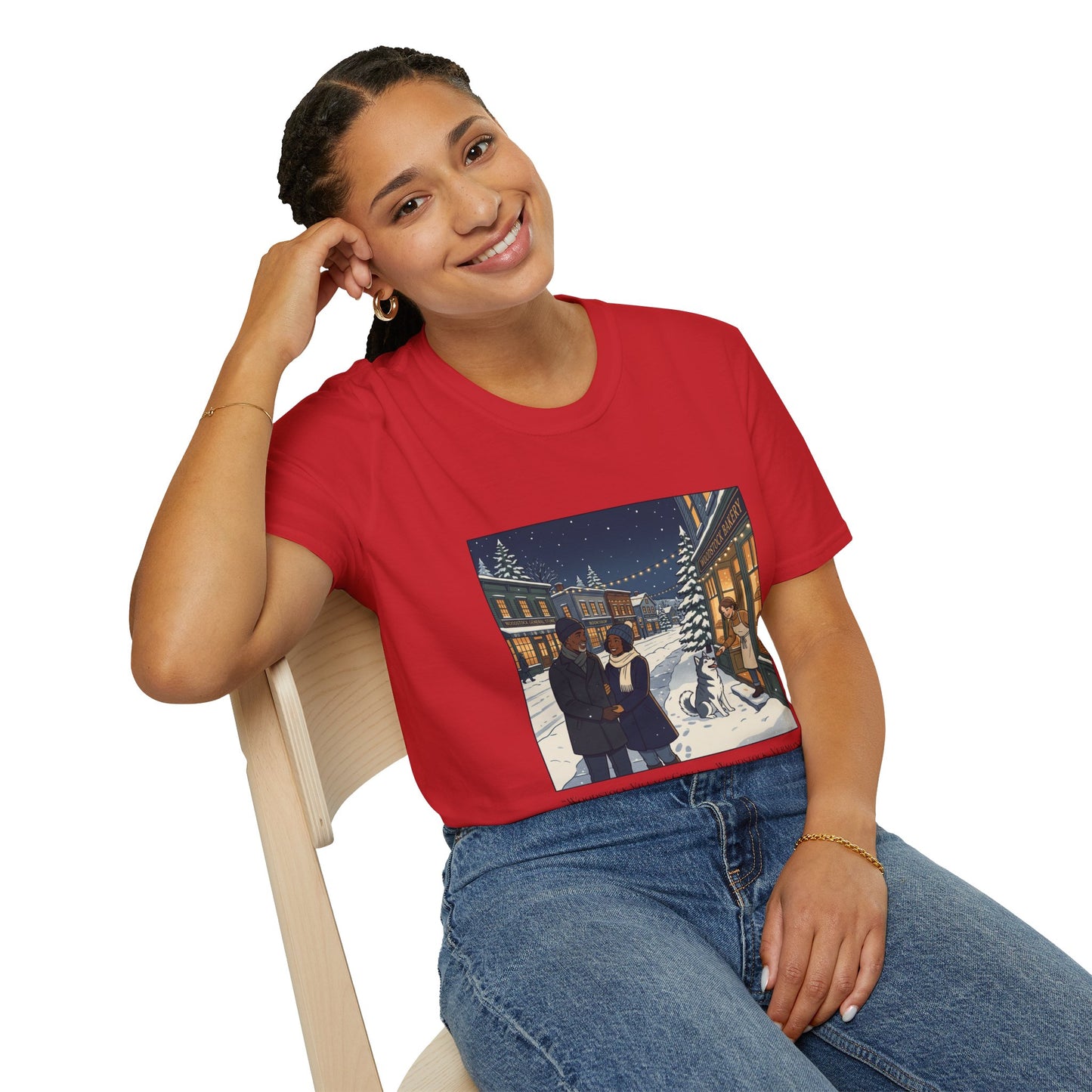 Winter String Lights Stroll T-Shirt — Cozy Holiday Street Scene Graphic Tee