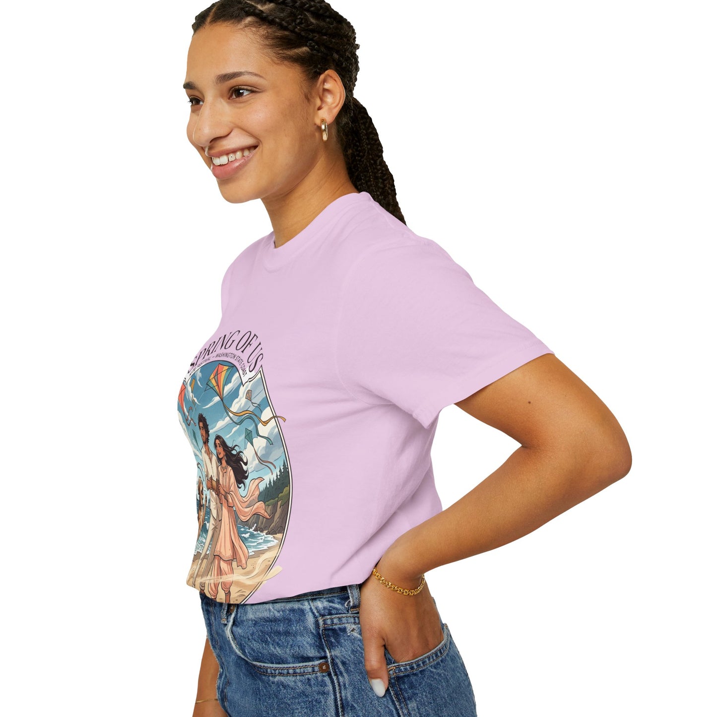 Spring of Us T-Shirt — Romantic Beach Couple Illustration with Dog