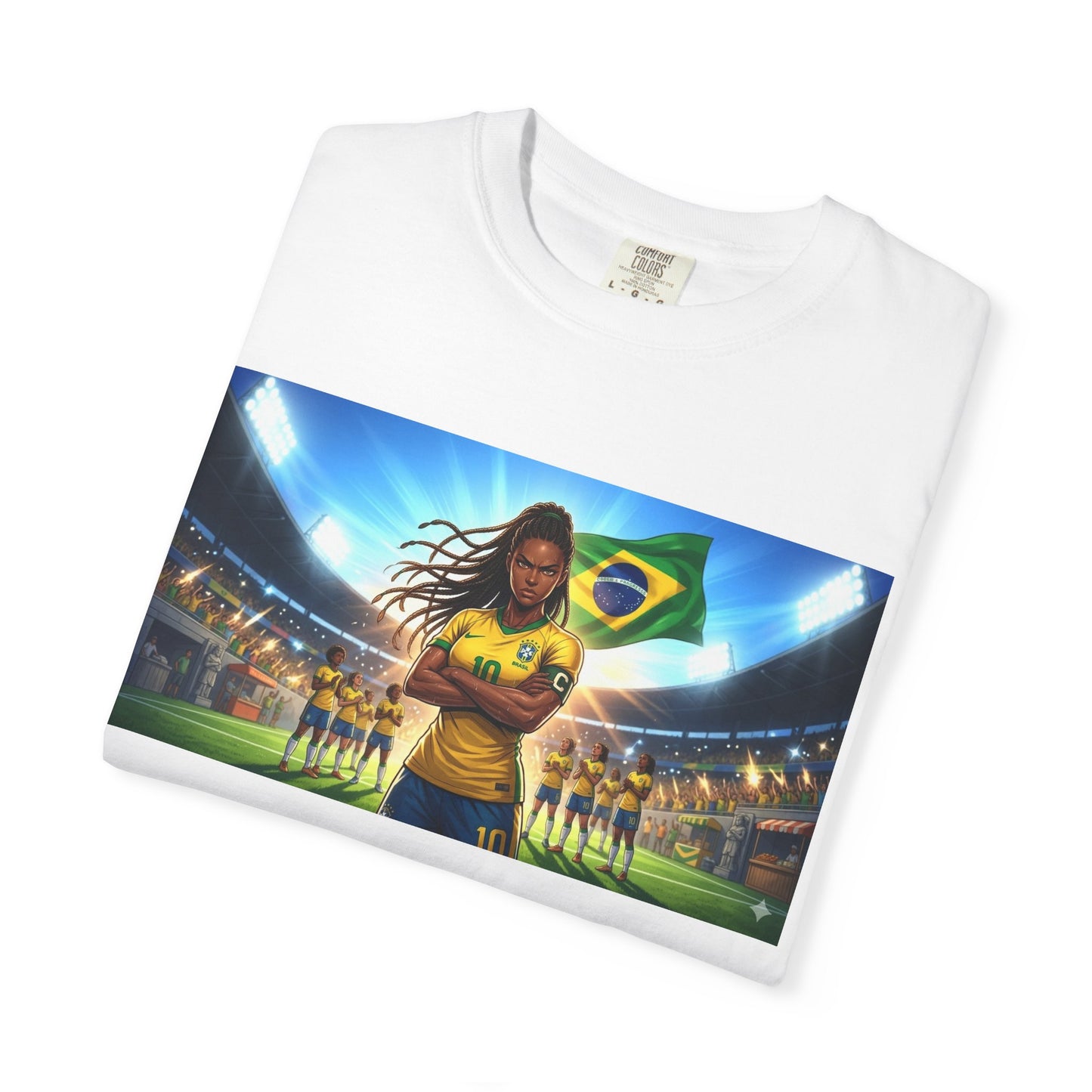 Brazil Soccer Captain T-Shirt — Player Holding Ball with Brazilian Flag Stadium Graphic