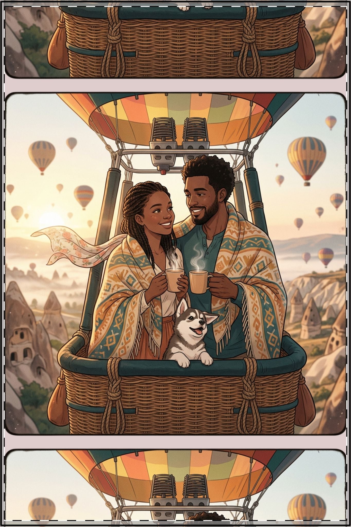 Hot Air Balloon Couple Satin Poster — Romantic Travel Wall Art