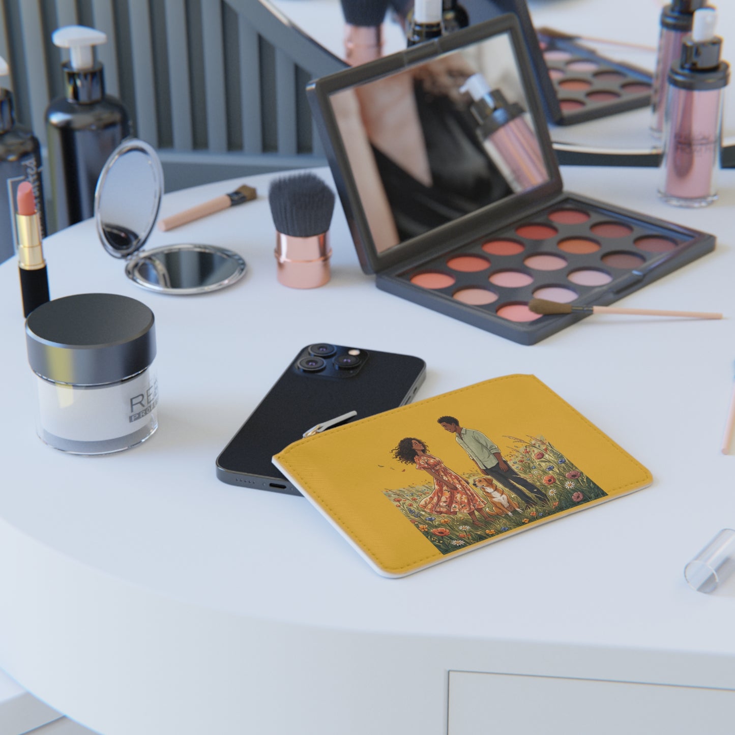 Mini Clutch Bag — Romantic Couple & Dog Illustration on Mustard