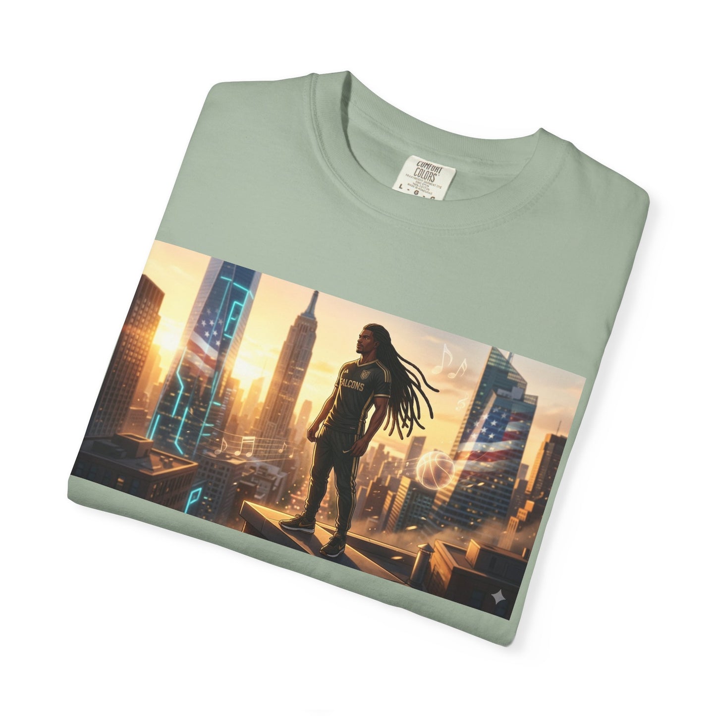 Cyberpunk Cityscape T-Shirt — Silhouette Hero at Sunset
