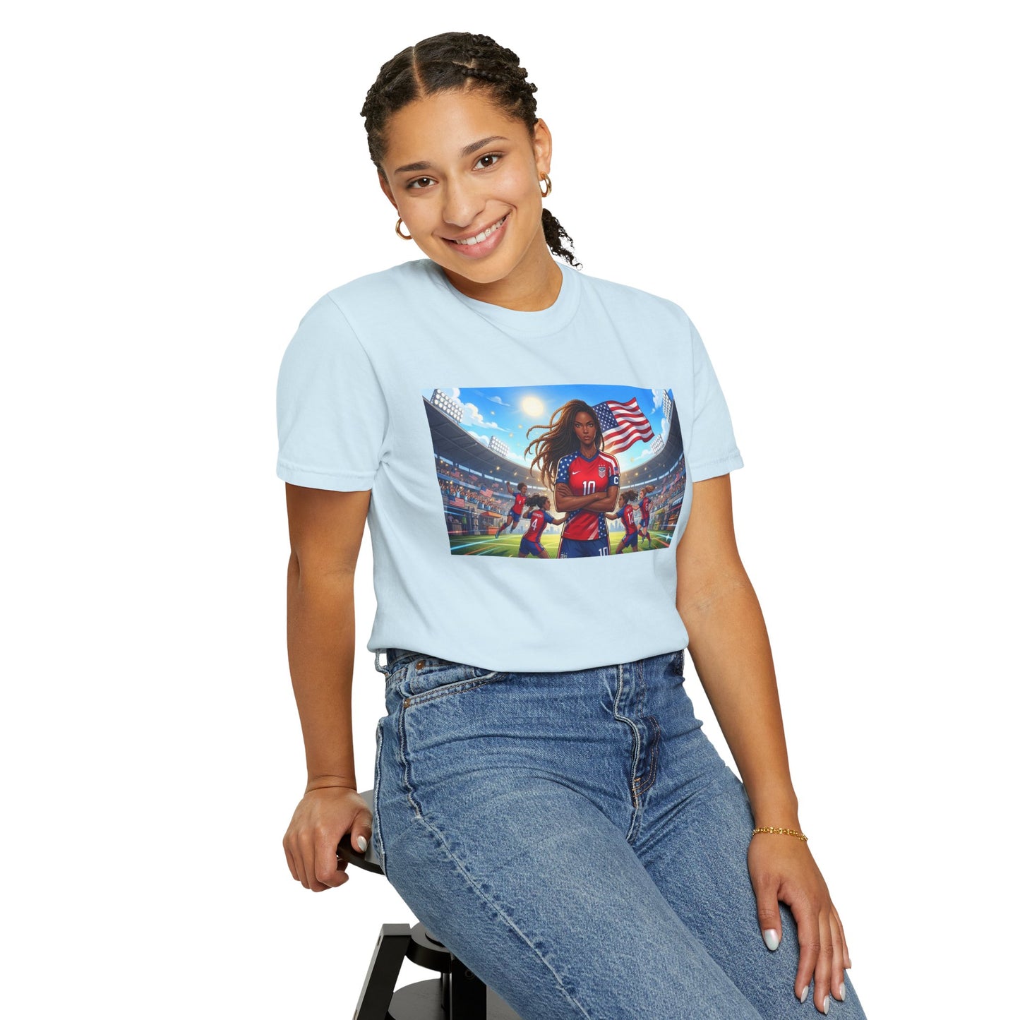 Soccer Mom USA T-Shirt — Female Soccer Player with American Flag Stadium Graphic