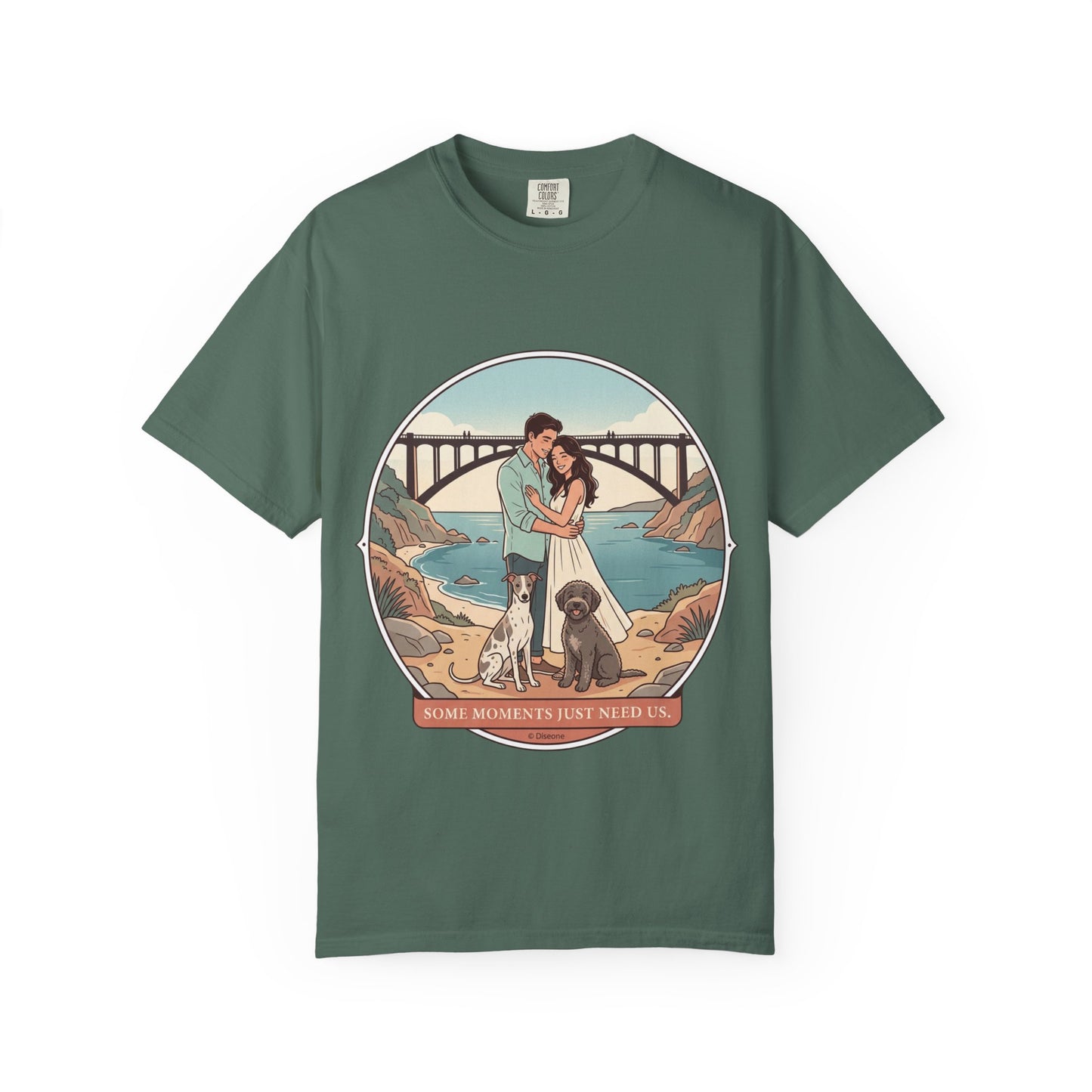 T-Shirt — Romantic Coastal Couples Tee “Some Moments Are Forever” with Dogs