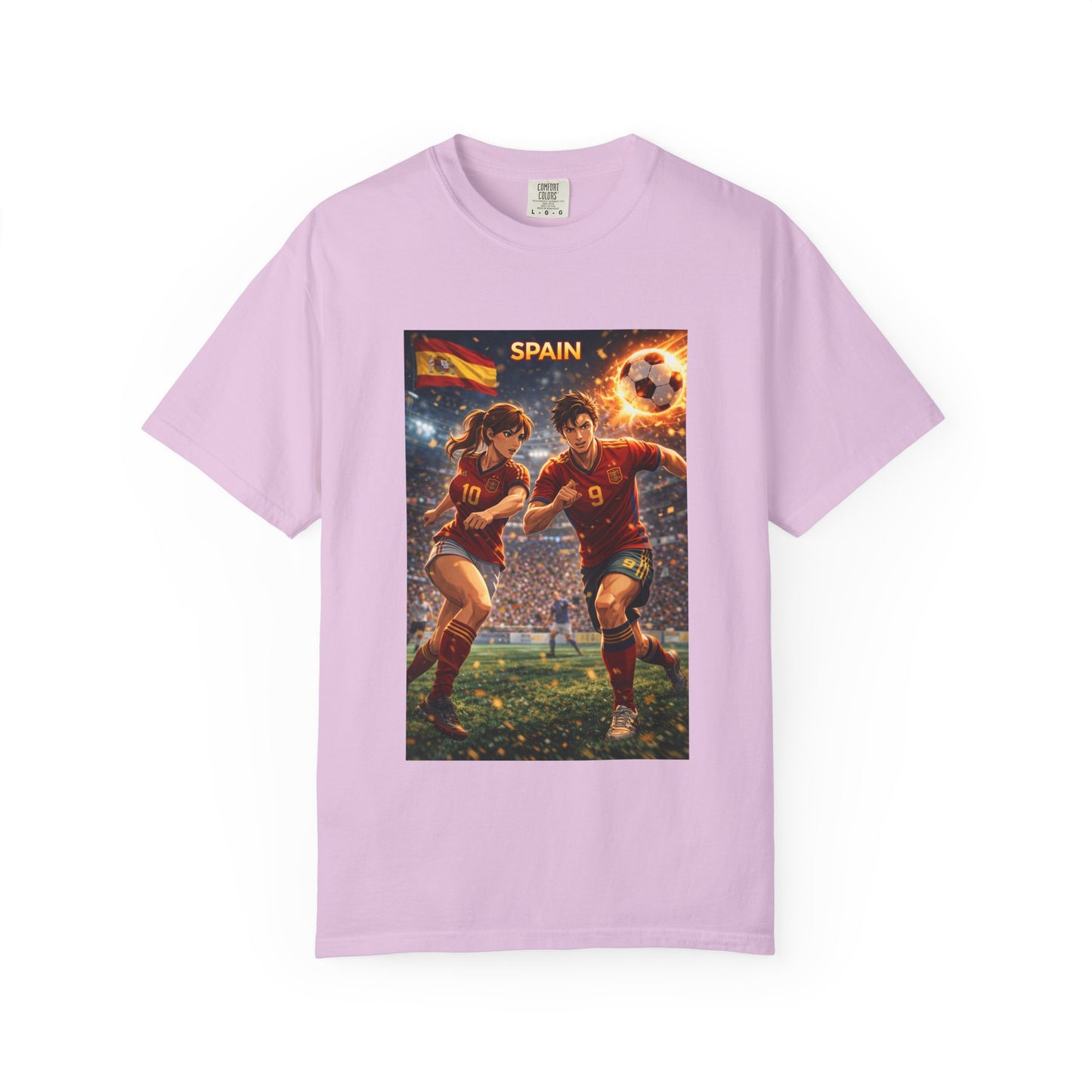 Spain Soccer Graphic T-Shirt — Retro Match Scene with Flag