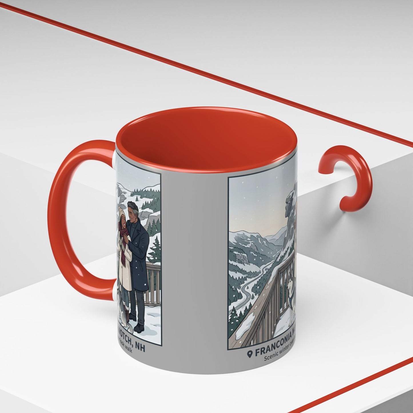 Franconia Notch Scenic Winter Mug — Couples & Dog Snowy Overlook Coffee Cup (11/15oz)