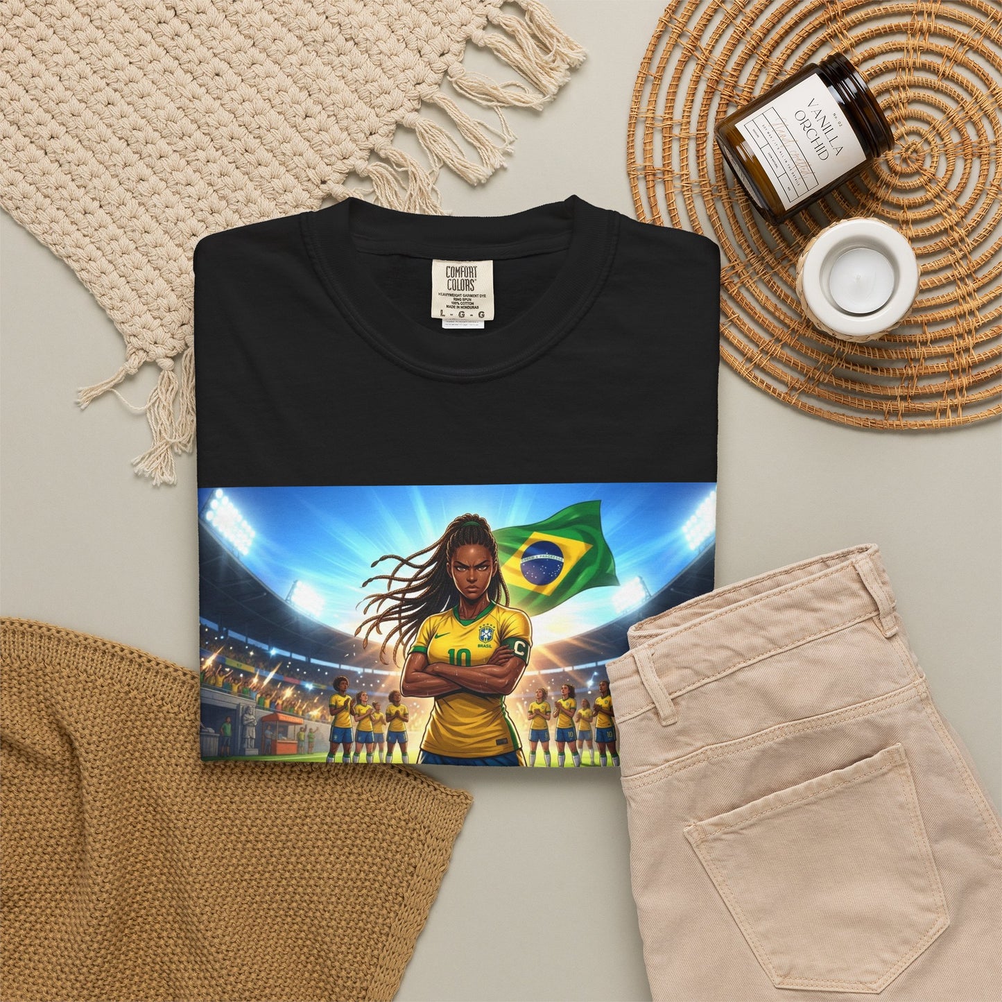 Brazil Soccer Captain T-Shirt — Player Holding Ball with Brazilian Flag Stadium Graphic