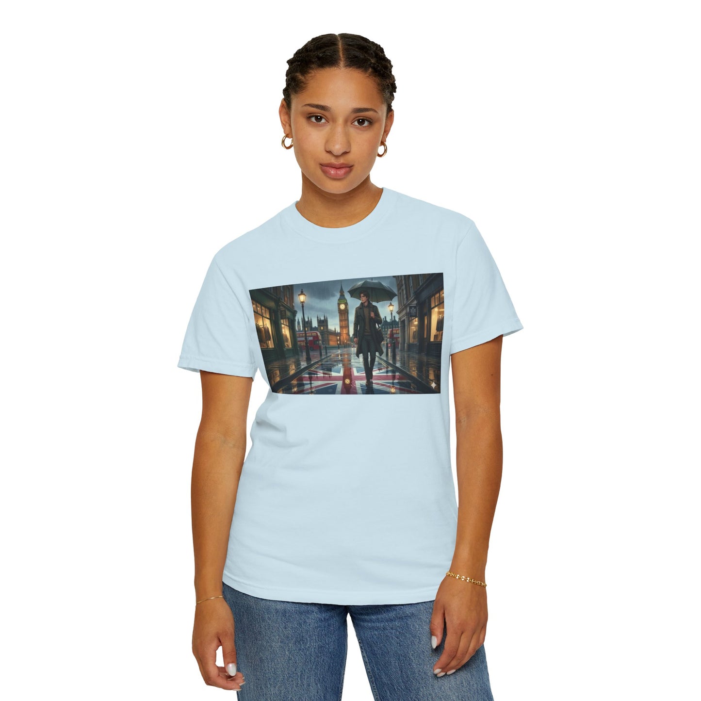 T-Shirt — Rainy London Street Scene Graphic Tee (Big Ben, Umbrella, Night Cityscape)