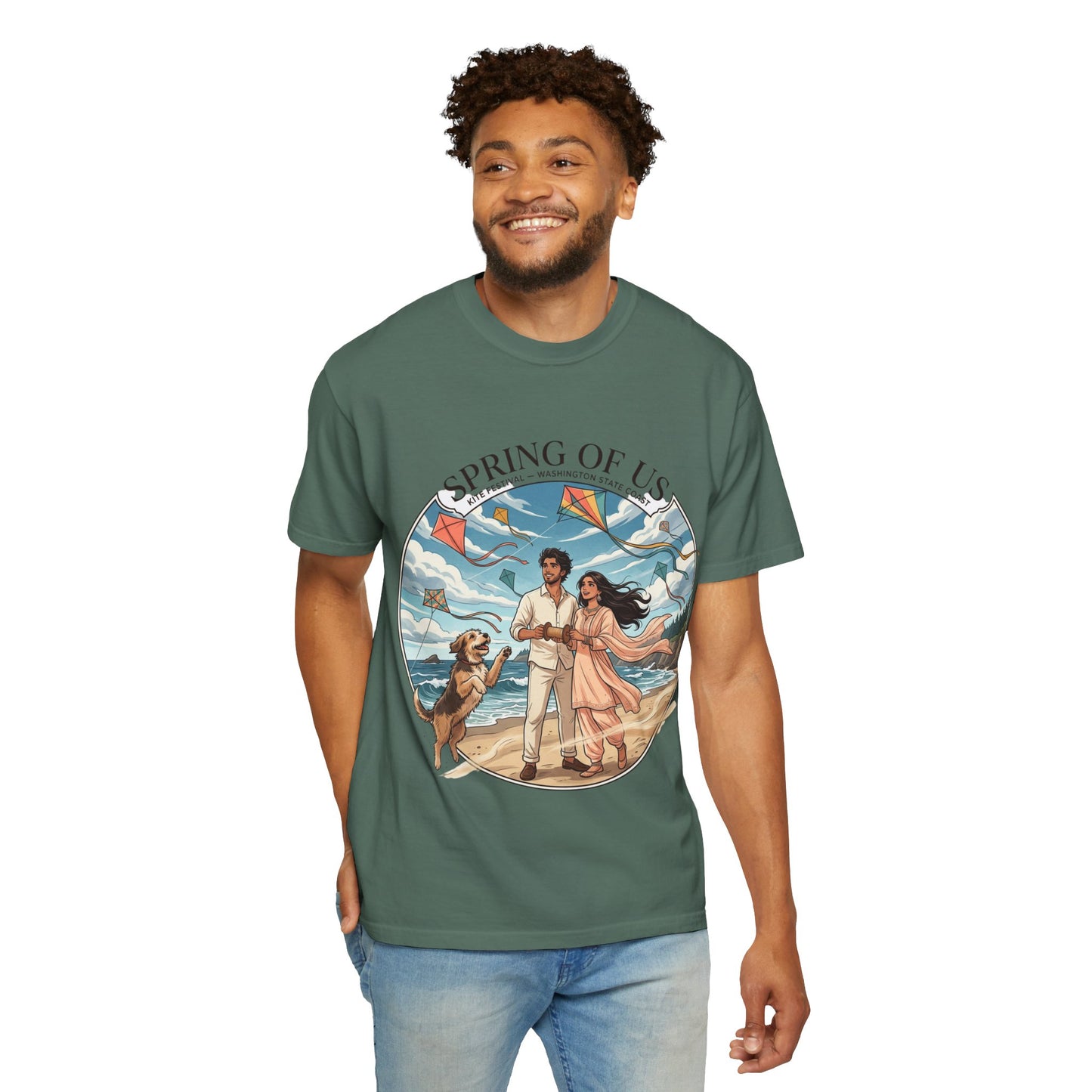 Spring of Us T-Shirt — Romantic Beach Couple Illustration with Dog