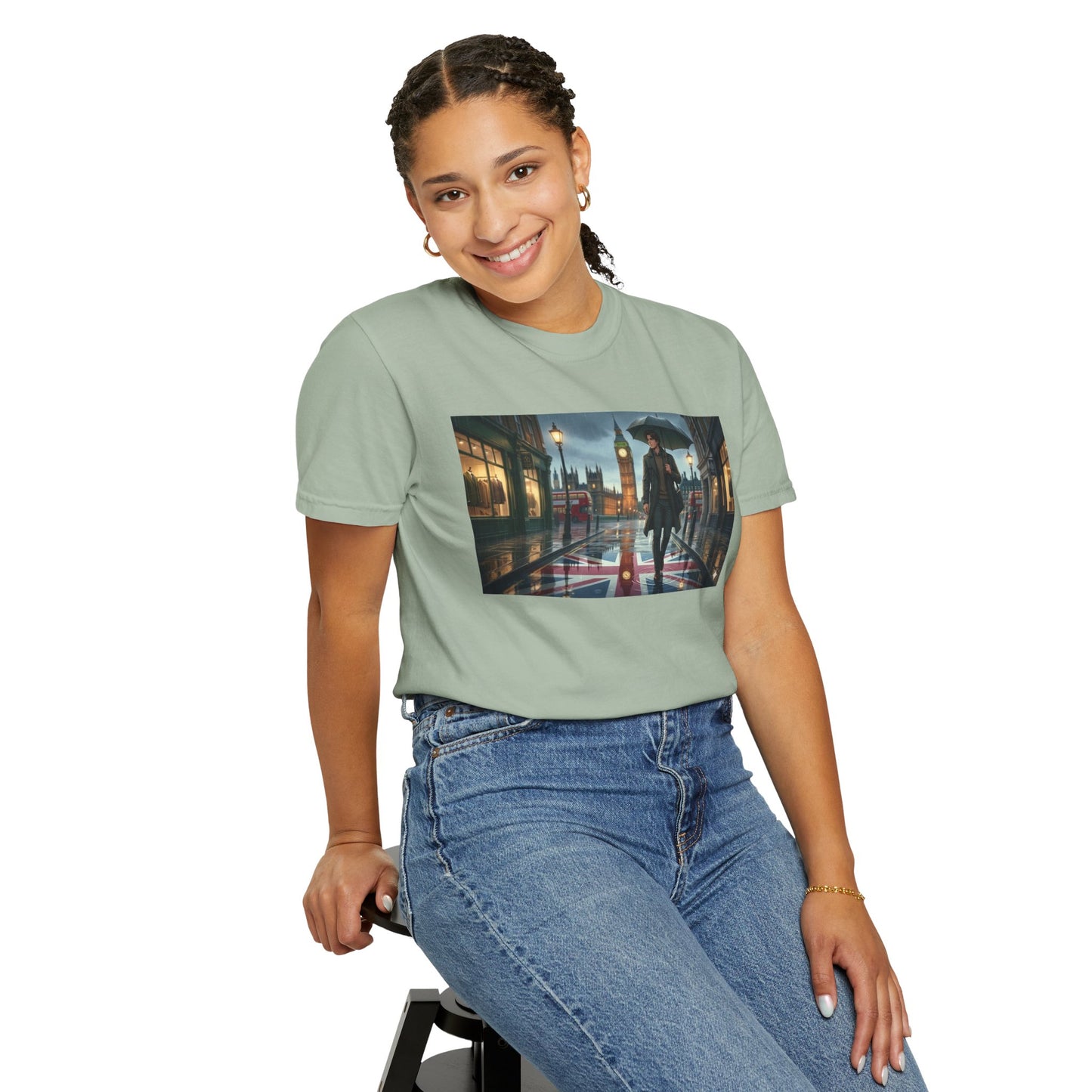 T-Shirt — Rainy London Street Scene Graphic Tee (Big Ben, Umbrella, Night Cityscape)