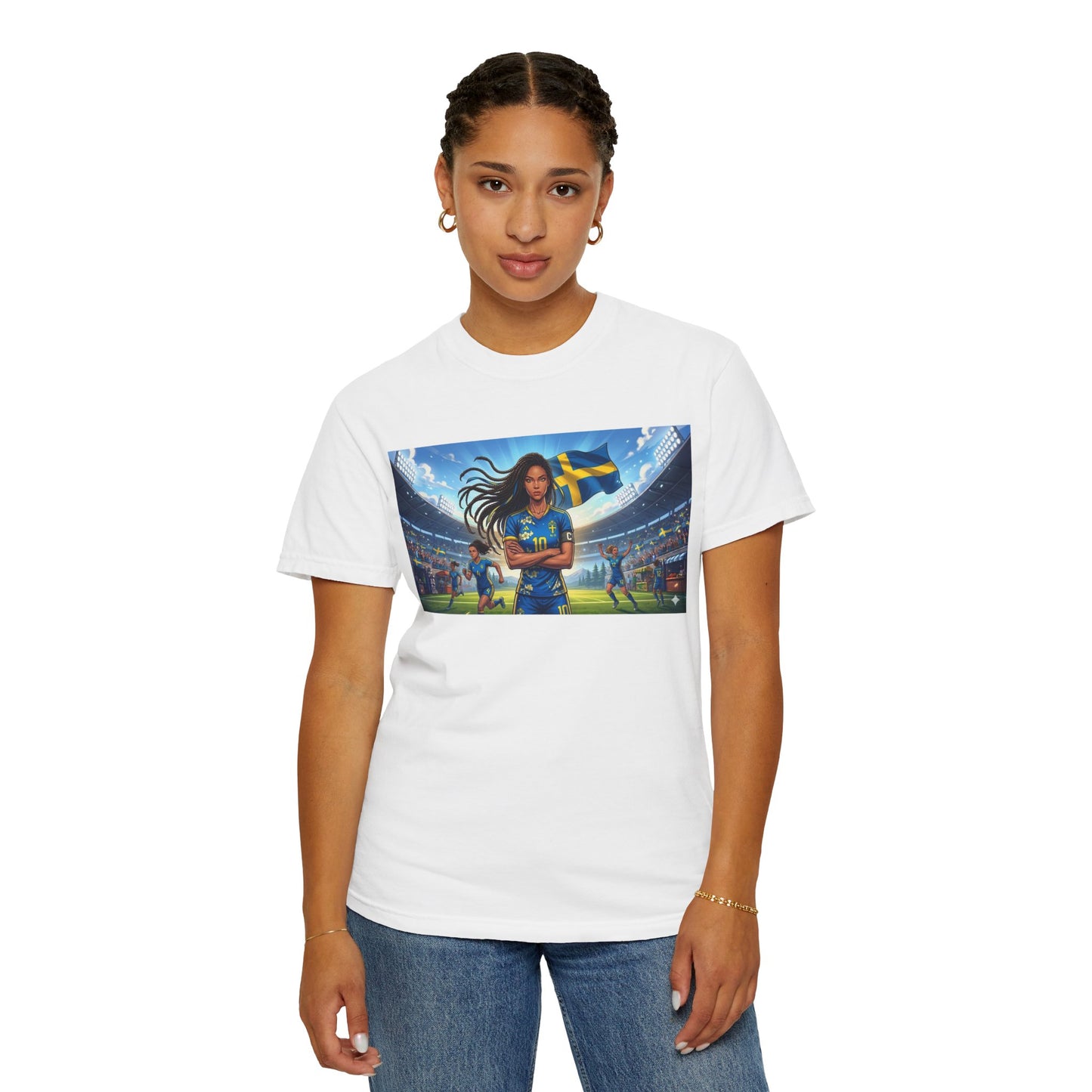 Swedish Soccer Pride T-Shirt — Female Footballer with Flag Stadium Design