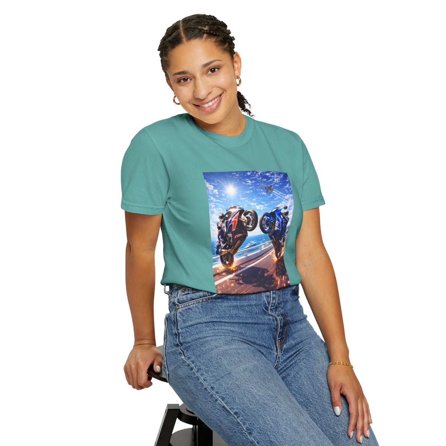 Stunt Riders Motorcycle T-Shirt — Two Bike Wheelie Racing Graphic Tee
