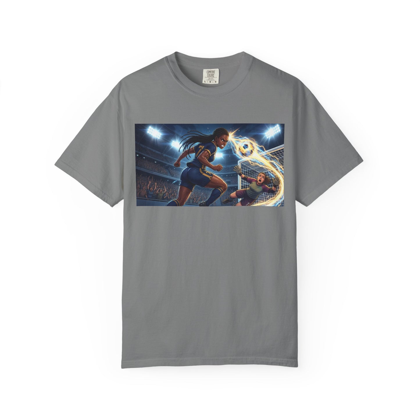 Soccer Duel Graphic T-Shirt — Futuristic Goalkeeper vs Striker Stadium Print