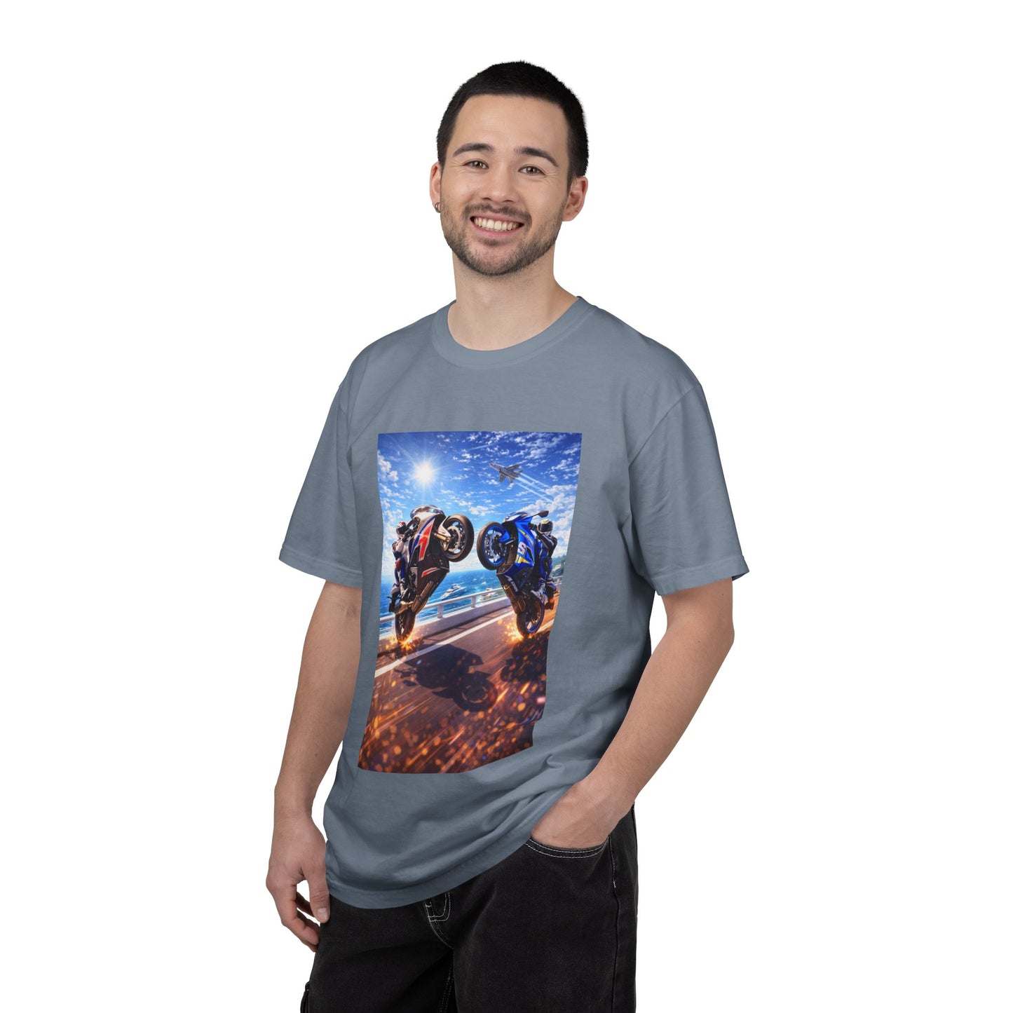 Stunt Riders Motorcycle T-Shirt — Two Bike Wheelie Racing Graphic Tee