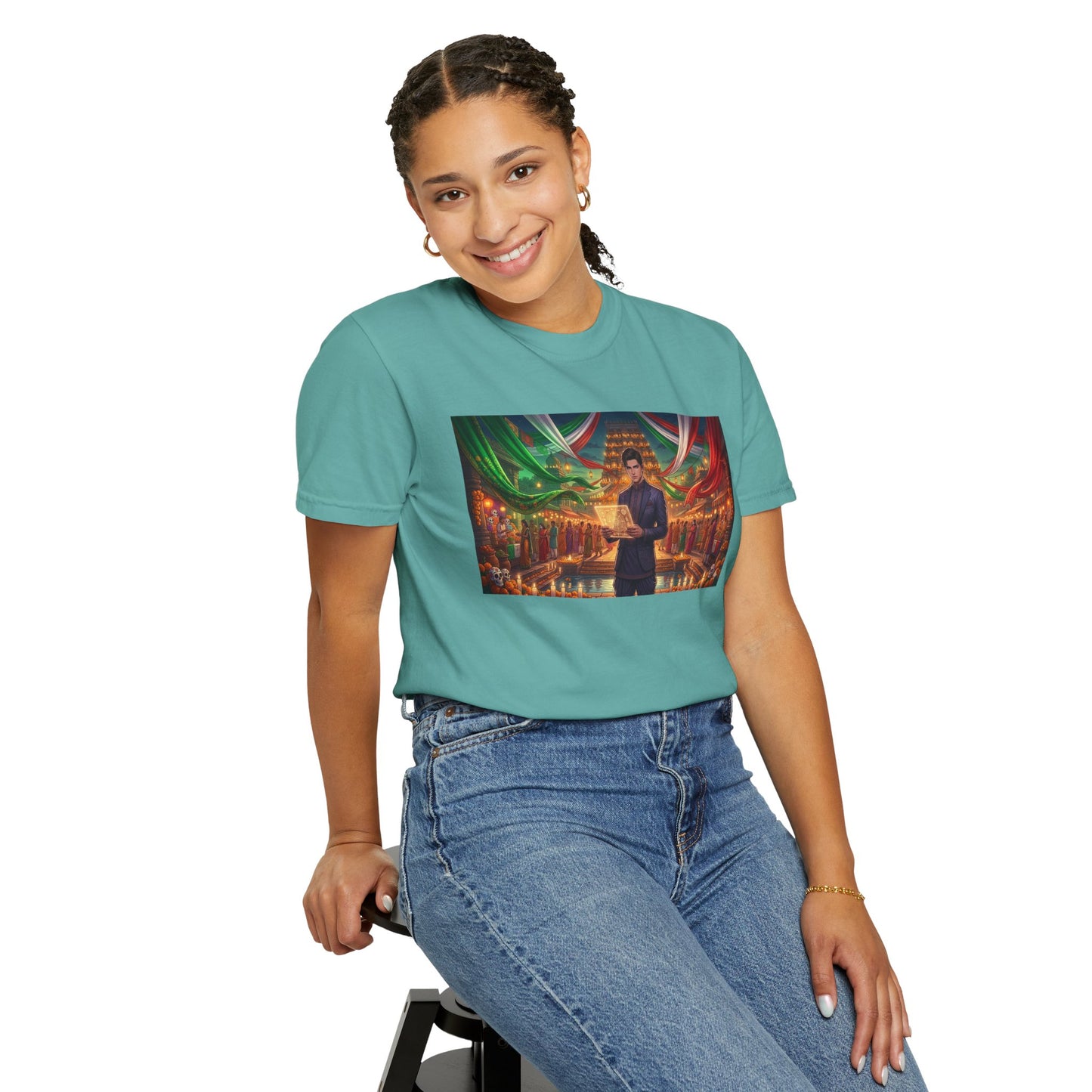 T-Shirt — Dragon Temple Night Scene Graphic Tee (Monk with Dragons)
