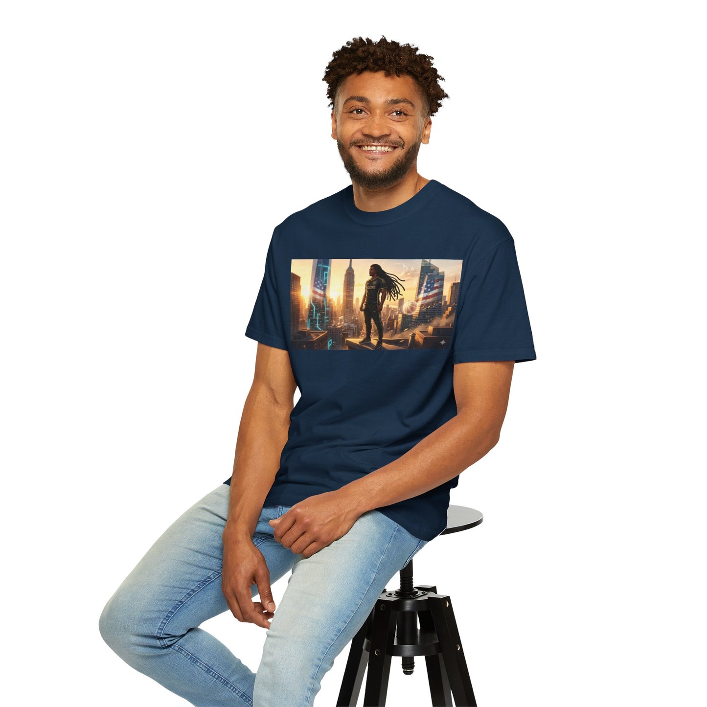 Cyberpunk Cityscape T-Shirt — Silhouette Hero at Sunset