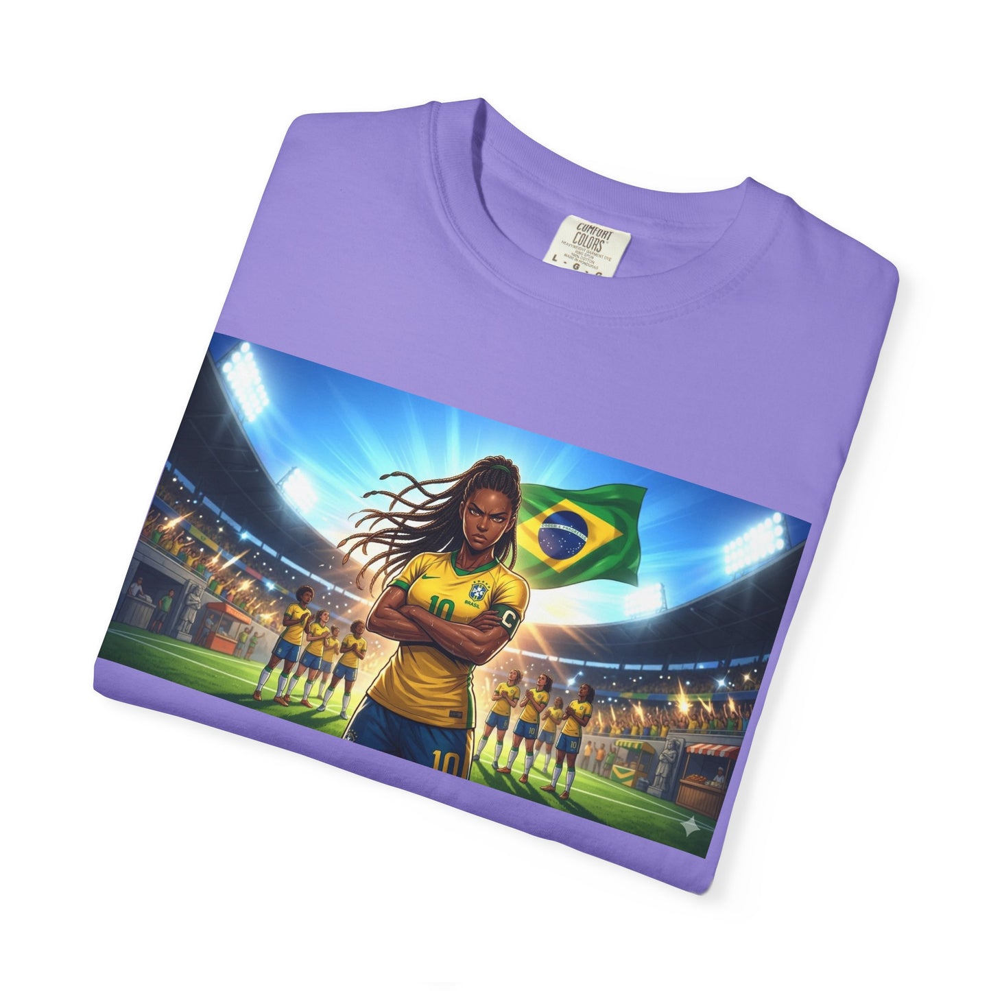 Brazil Soccer Captain T-Shirt — Player Holding Ball with Brazilian Flag Stadium Graphic