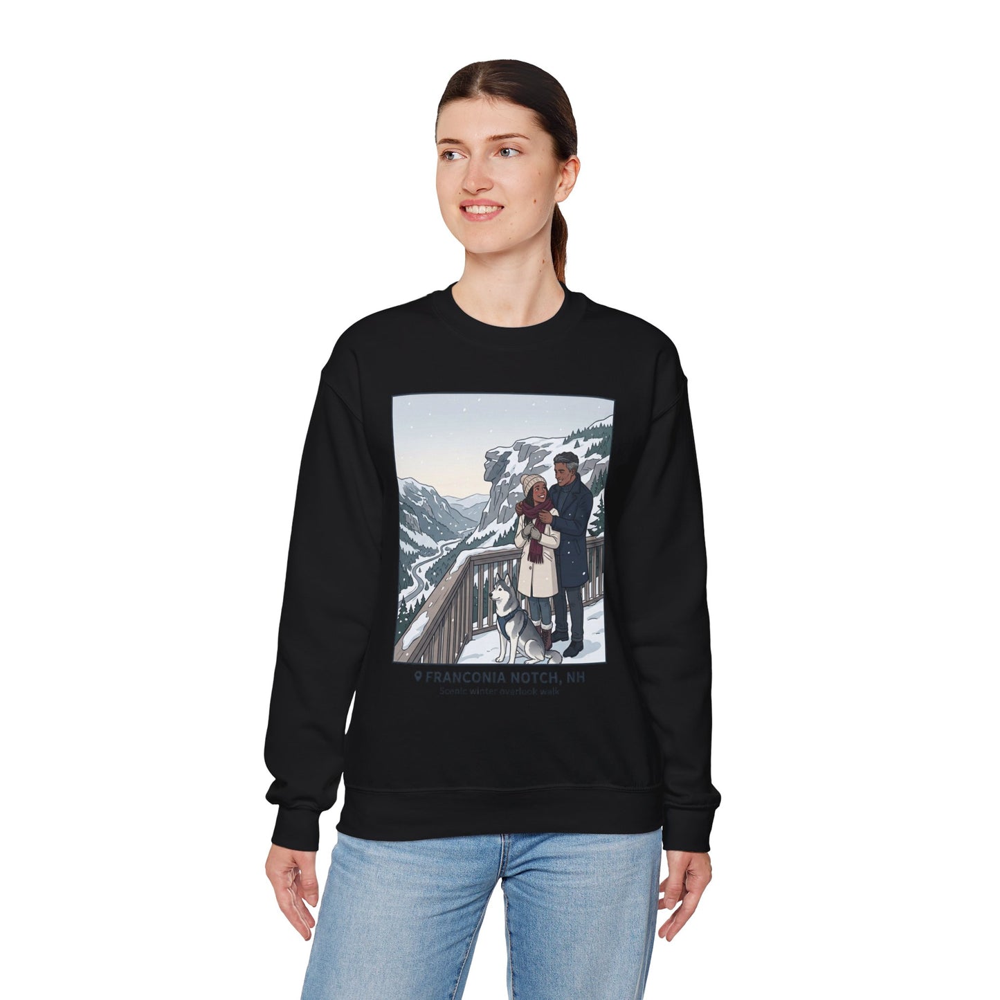 Crewneck Sweatshirt — Franconia Notch Winter Couple Scenic Graphic
